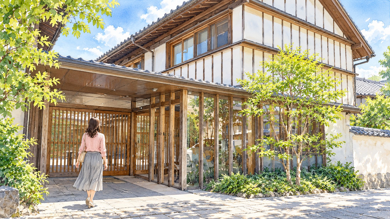 白壁と木の格子が続く龍馬の生まれたまち記念館の入口へ歩く女性