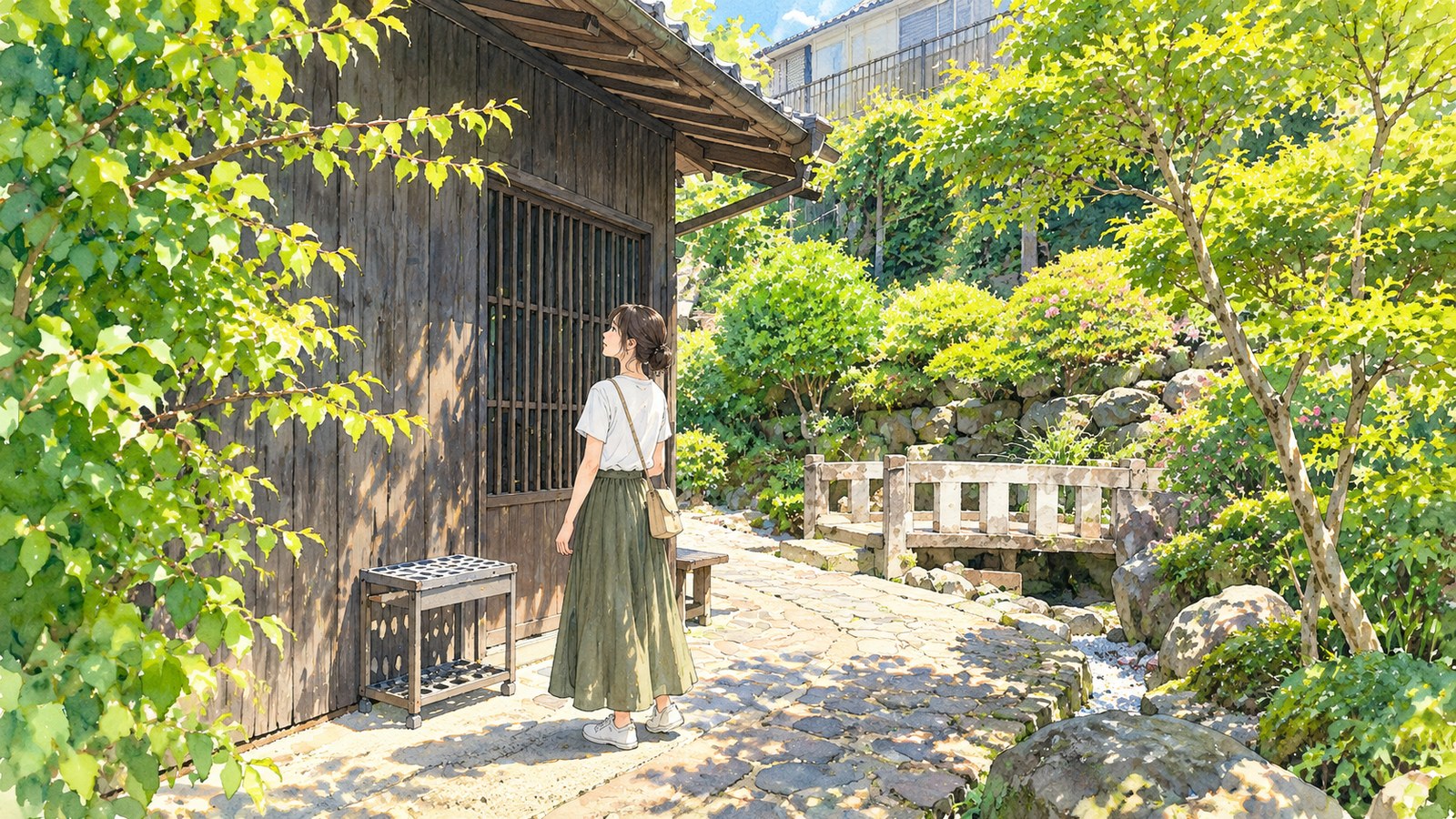 濃い色の板壁と格子窓が残る亀山社中記念館と、石畳の庭に立つ女性