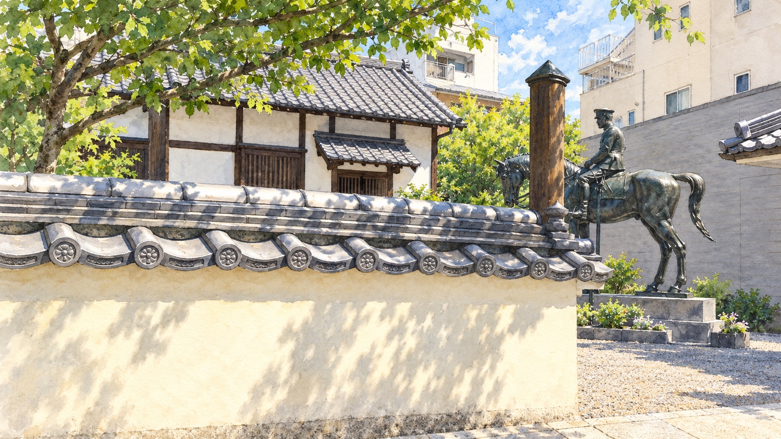 瓦を載せた白い塀と復元家屋、好古の騎馬像が見える庭