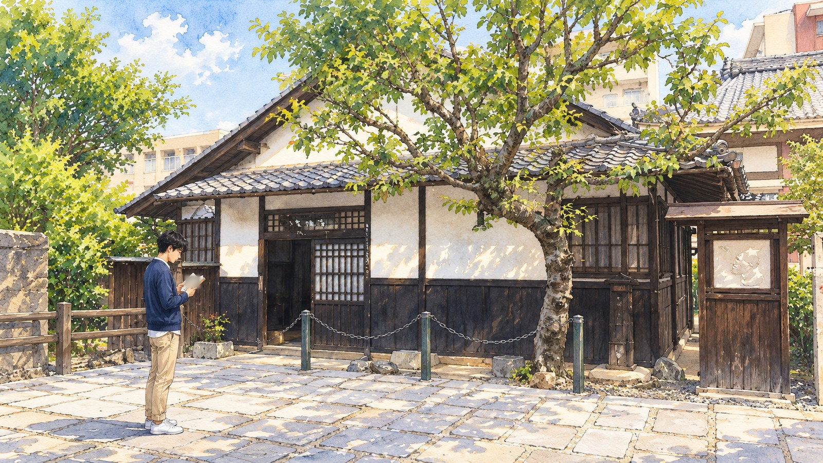 白壁と瓦屋根の子規堂の前の石畳で、文庫本を読む若い男性