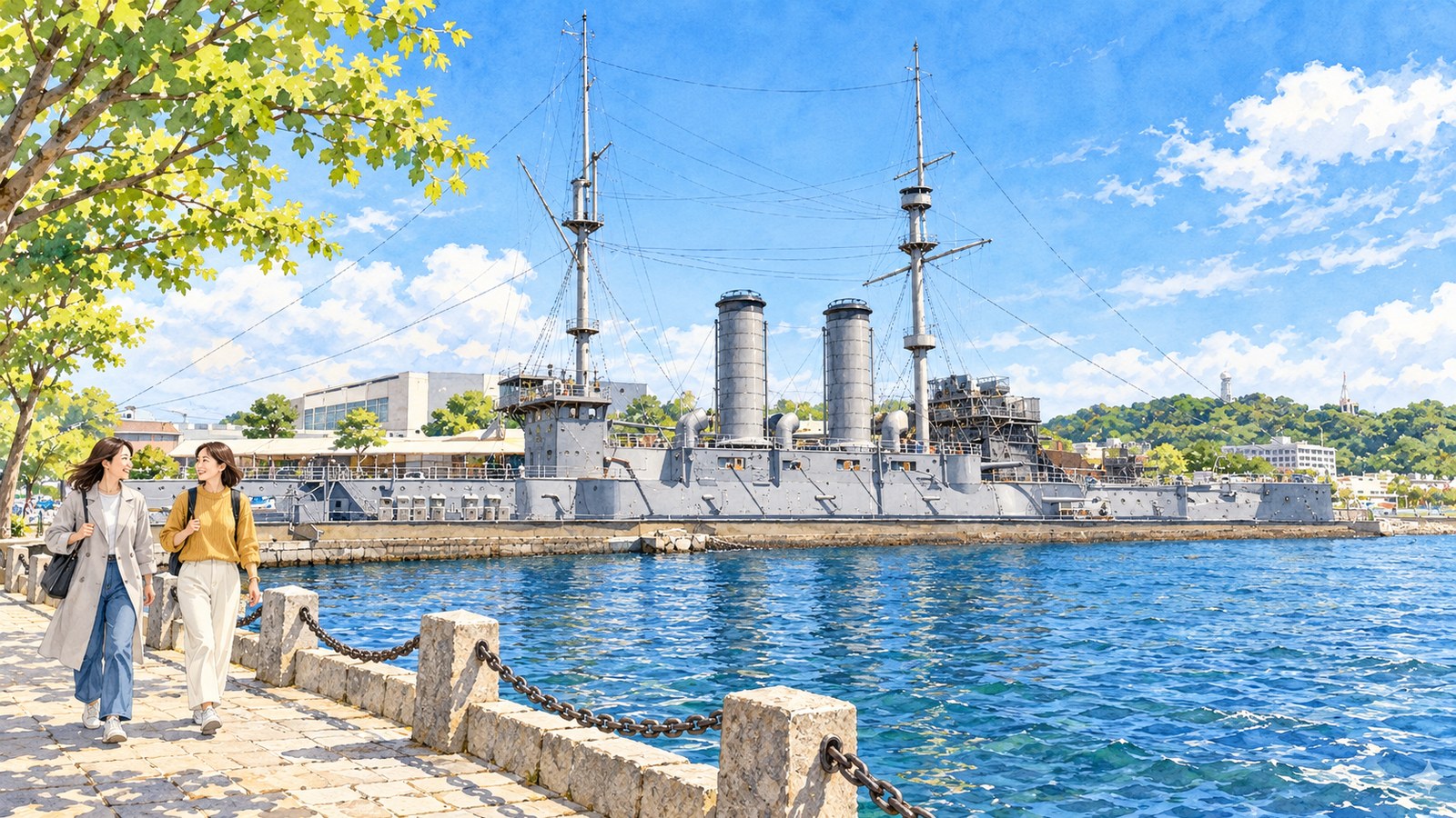 横須賀の三笠公園に保存された記念艦「三笠」と、岸壁を歩く二人の女性