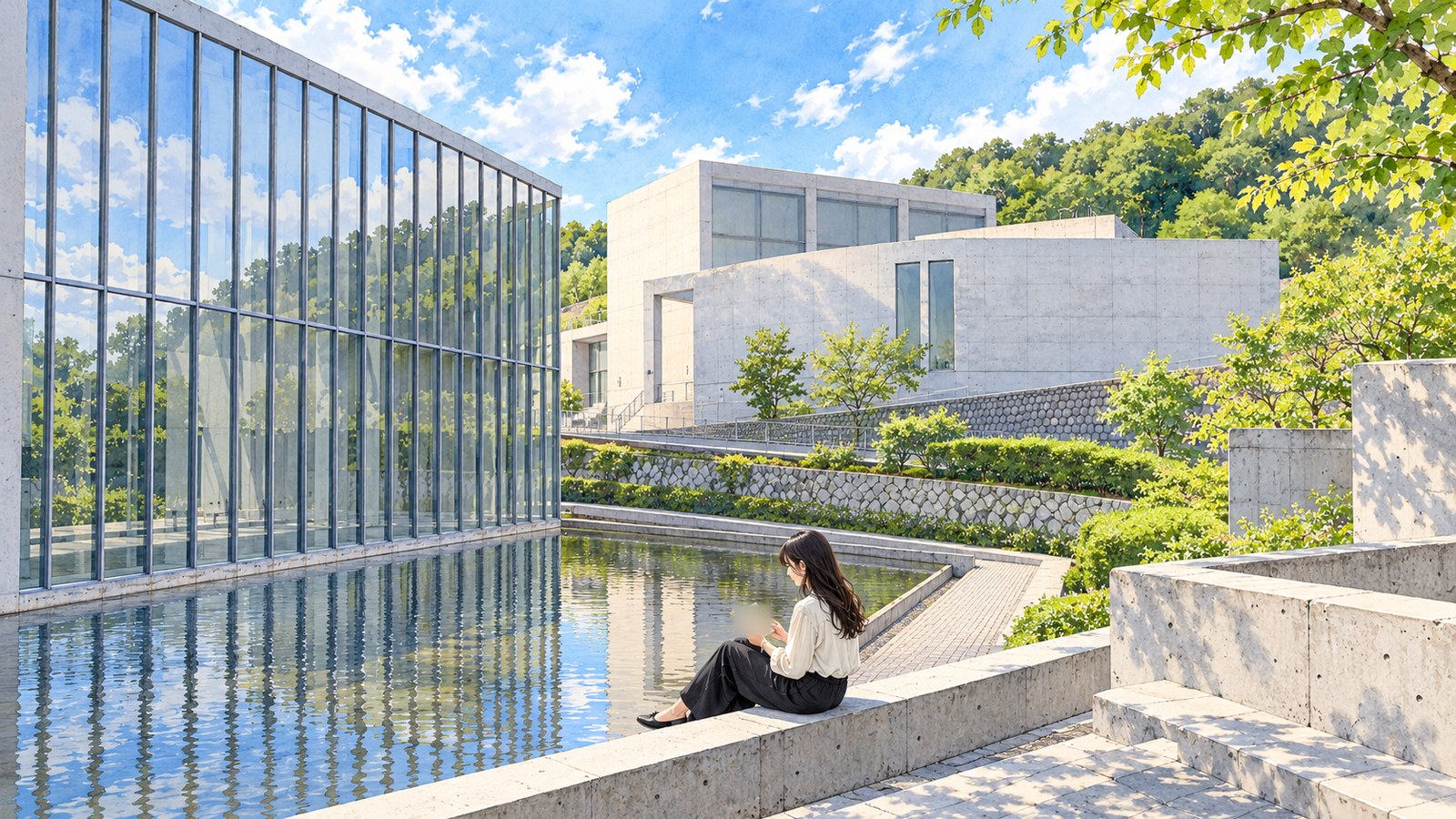 コンクリートとガラスの壁が水面に映る姫路文学館で、水辺に腰かけて本を読む女性