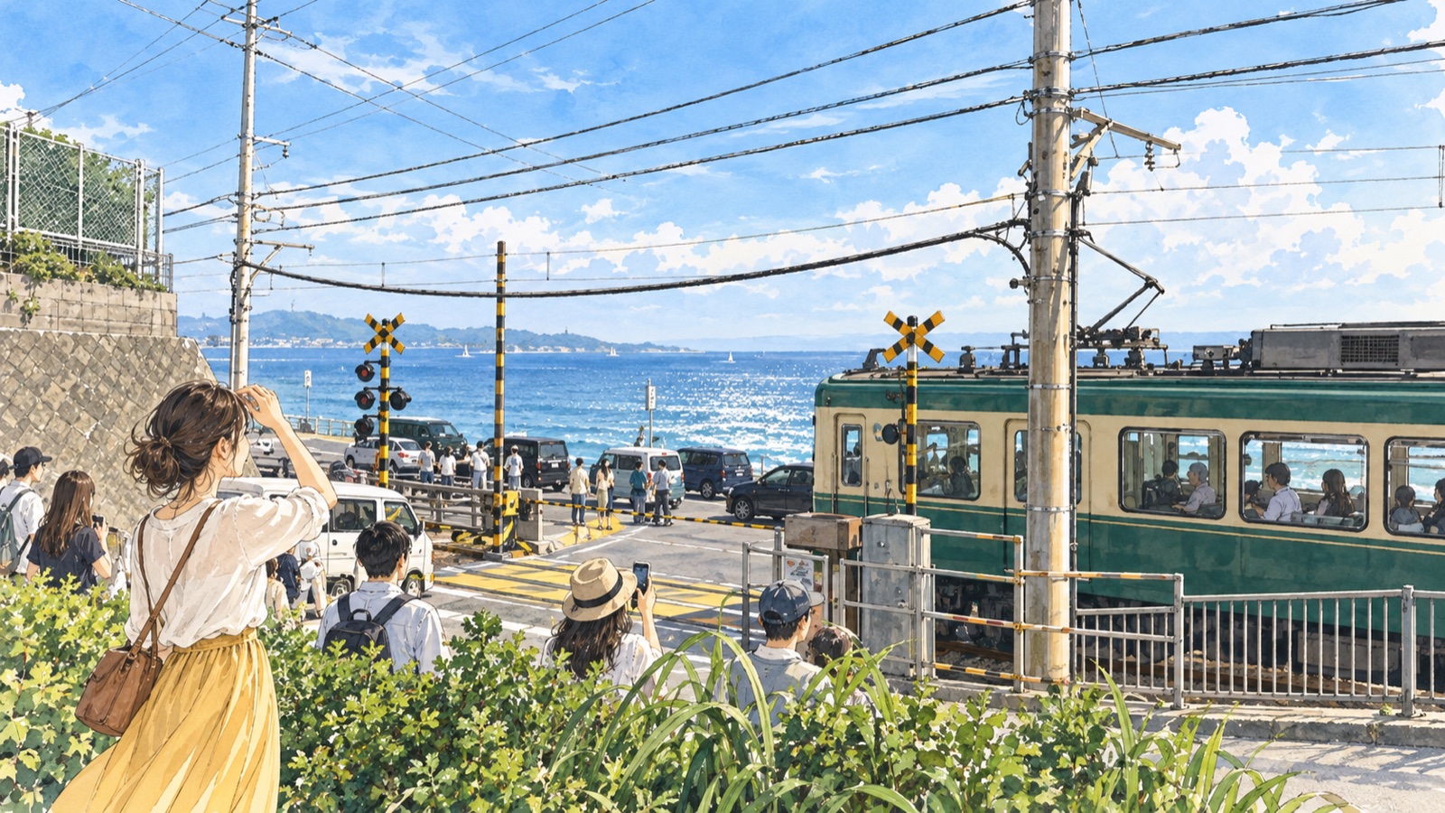 鎌倉高校前の踏切で写真を撮る人々のイラスト