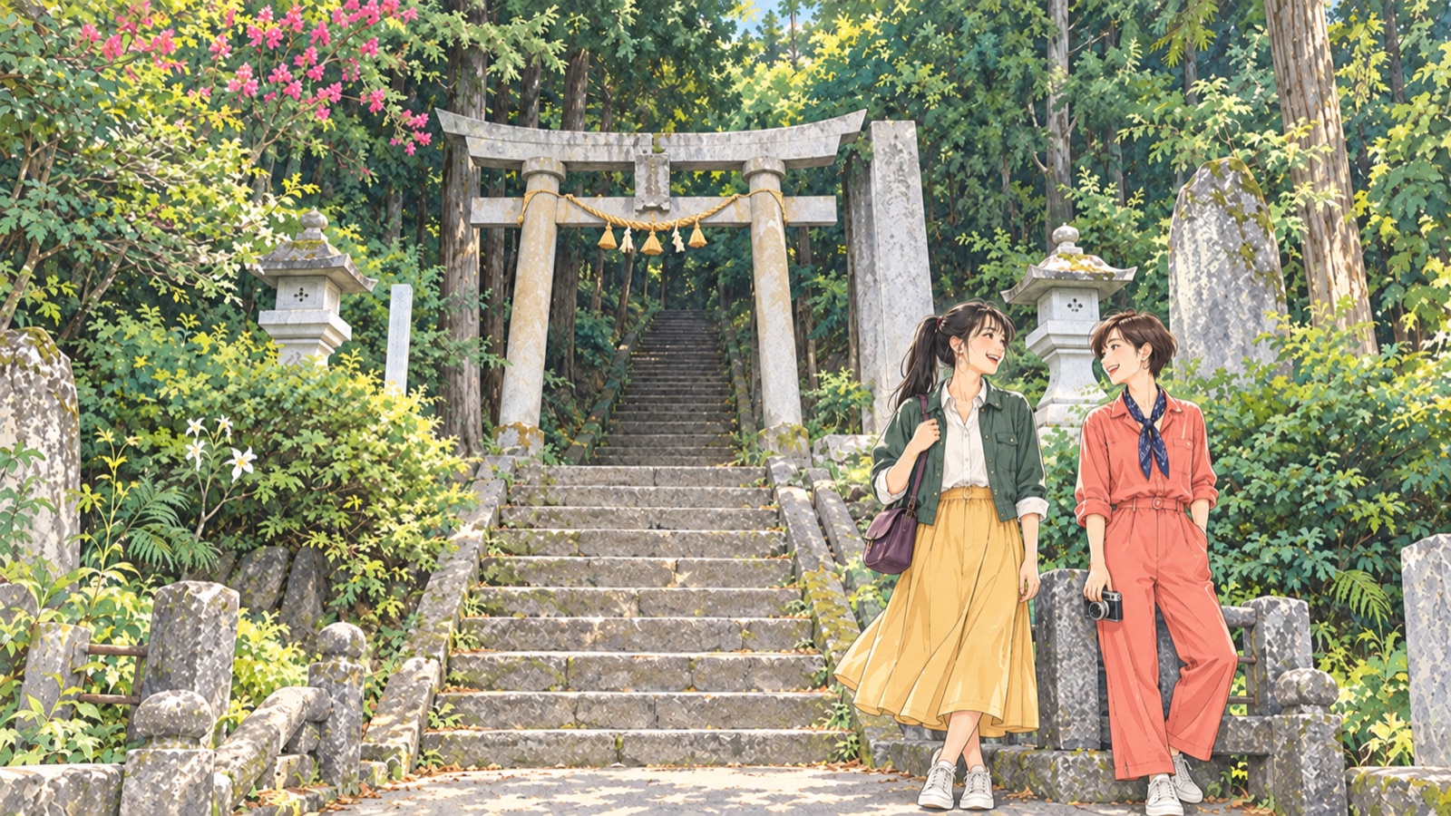 森子大物忌神社の杉木立に囲まれた石段のイラスト