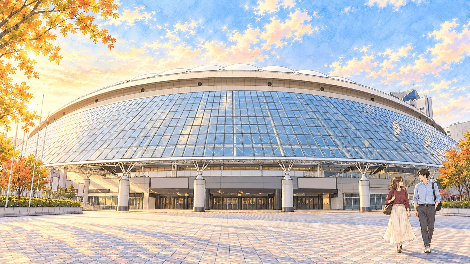 Illustration of a man and woman walking and talking outside Tokyo Dome, with its low white membrane roof and glass facade behind them