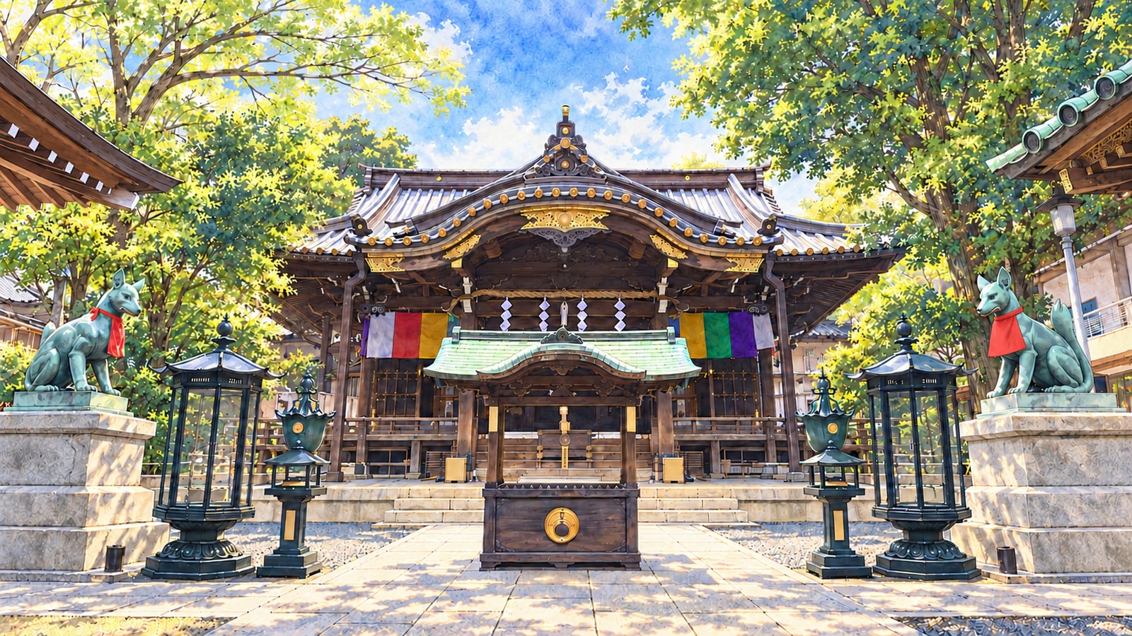 豊川稲荷東京別院の唐破風の本堂と銅屋根の香炉、赤い前掛けを着けた左右の狐像を描いたイラスト