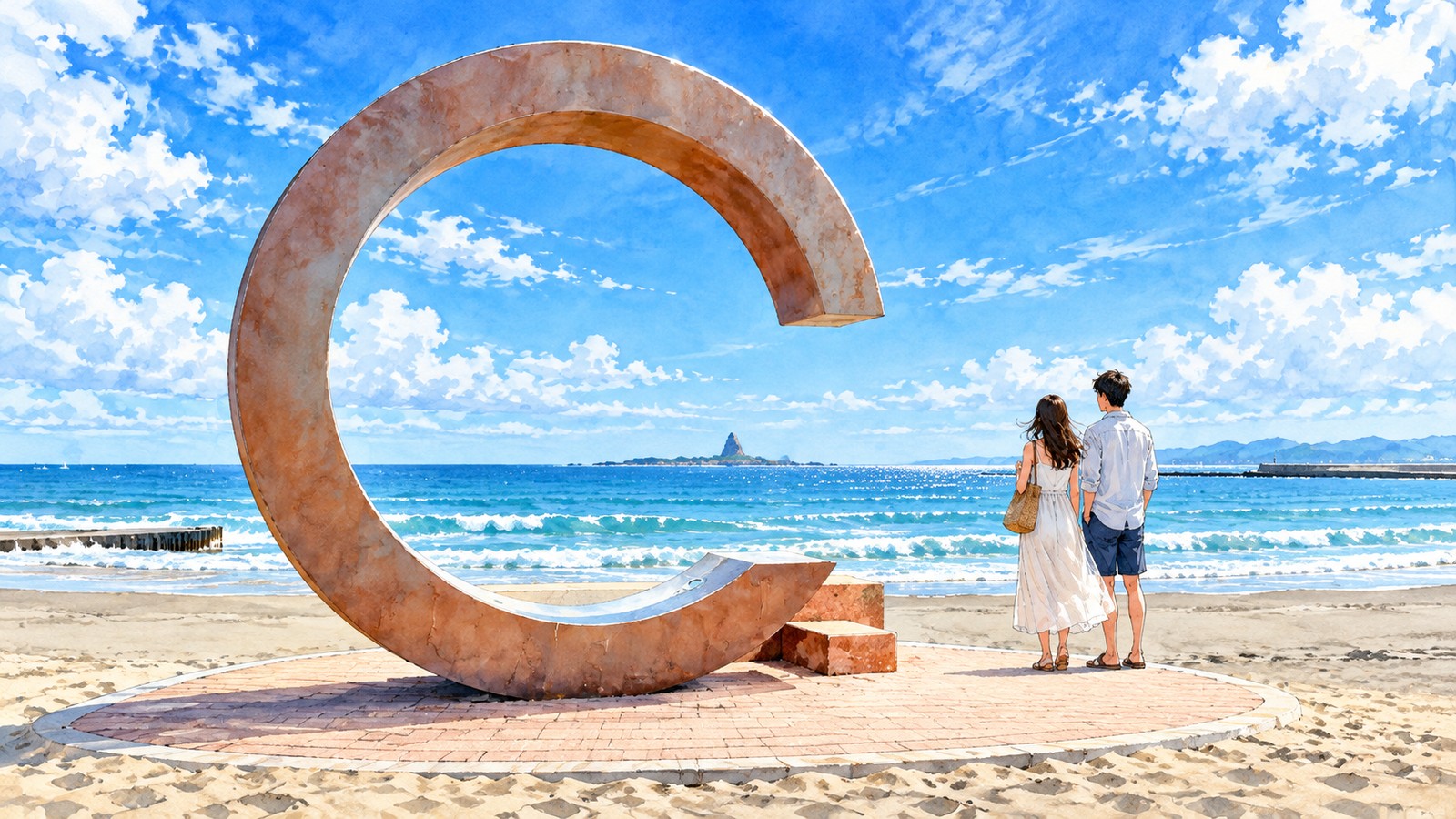 Illustration of two people looking at Eboshi-iwa through the ring of the Southern C monument on Southern Beach Chigasaki