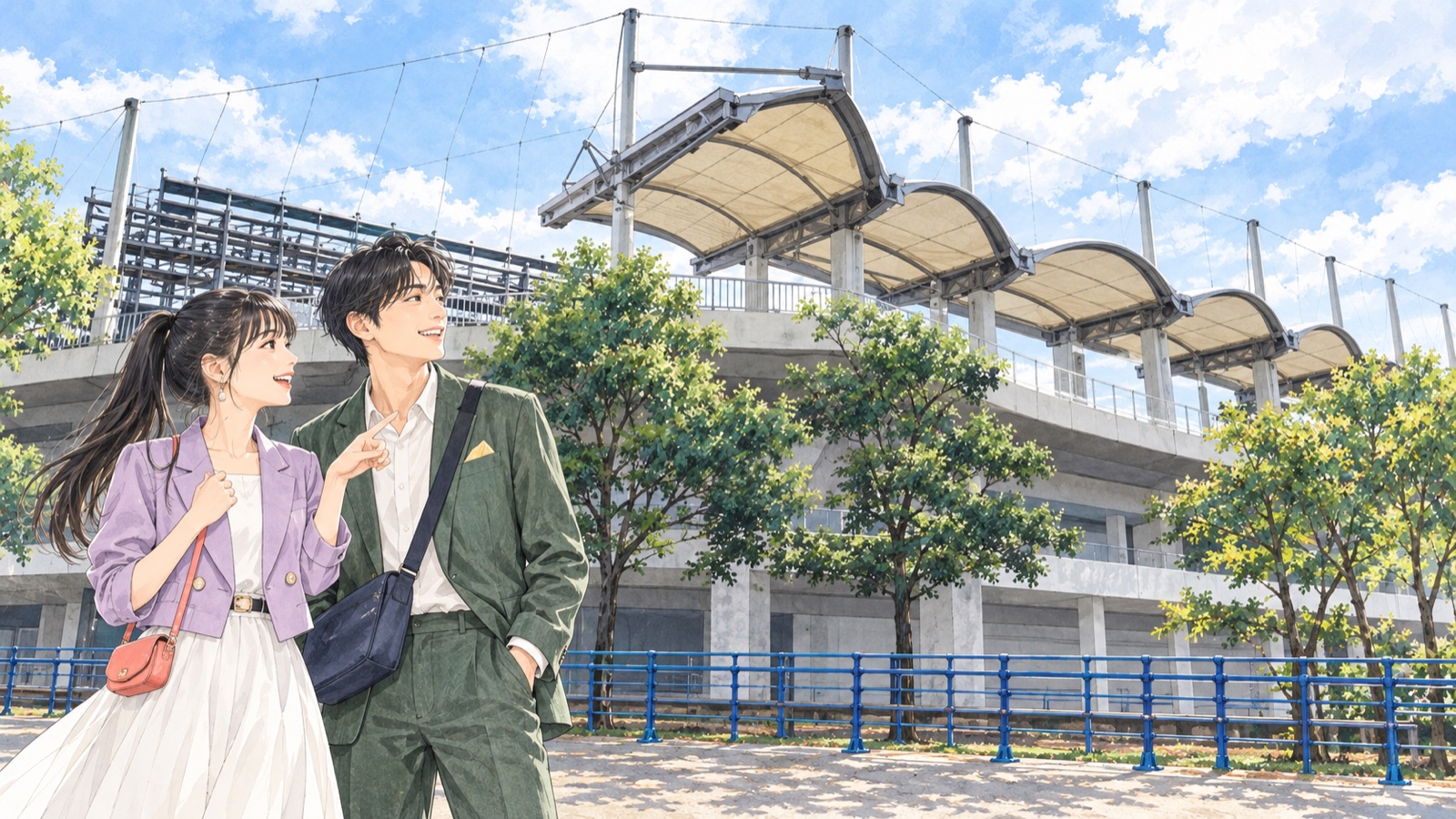 Illustration of a man and woman outside the spectator stand structure of Chigasaki Park Baseball Stadium