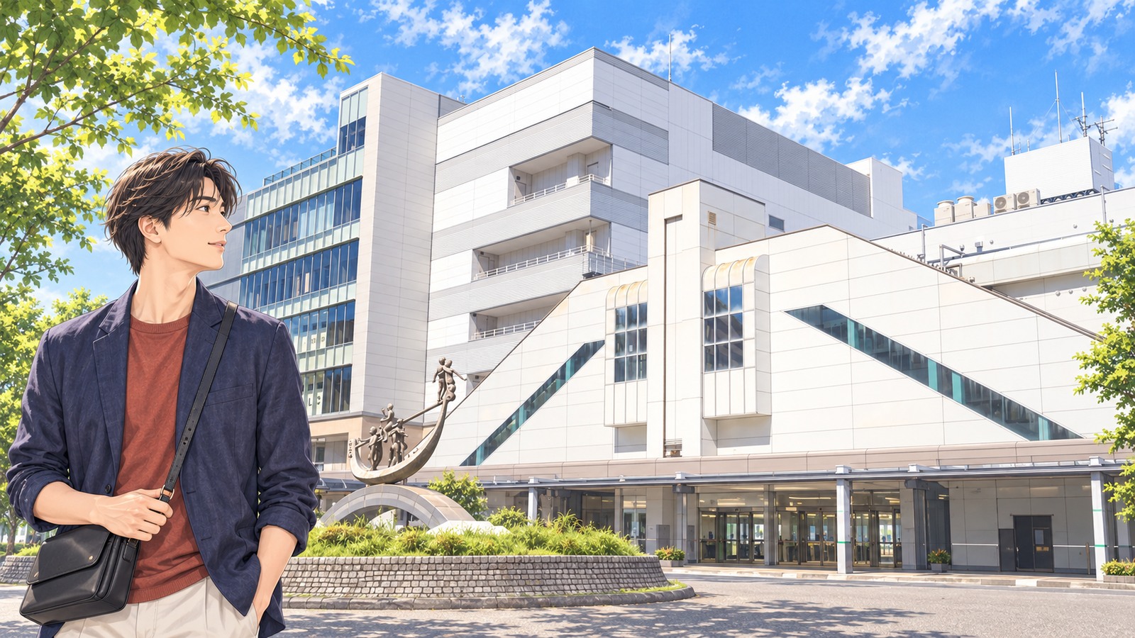 Illustration of a man looking up at the Chigasaki Station building