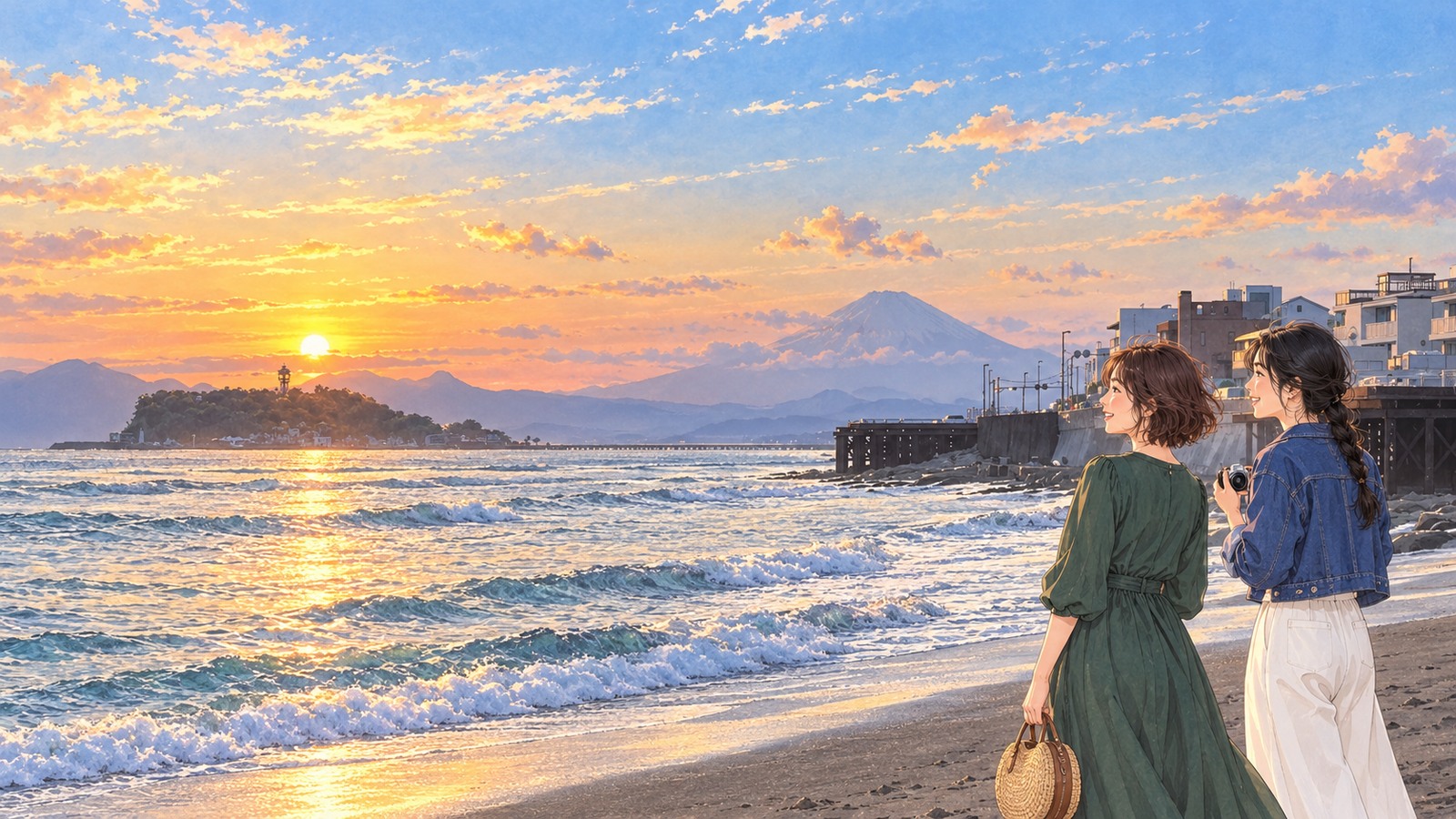 Illustration of two women looking out at the sea from Inamuragasaki
