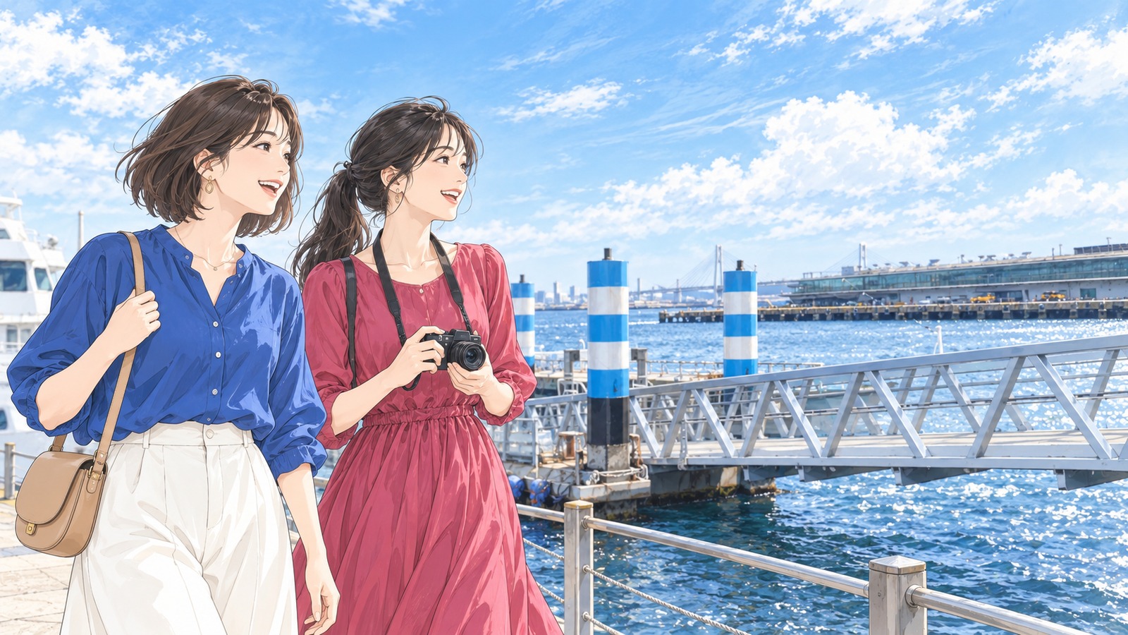Illustration looking out over the Pier Aka-Renga dock and Yokohama Port