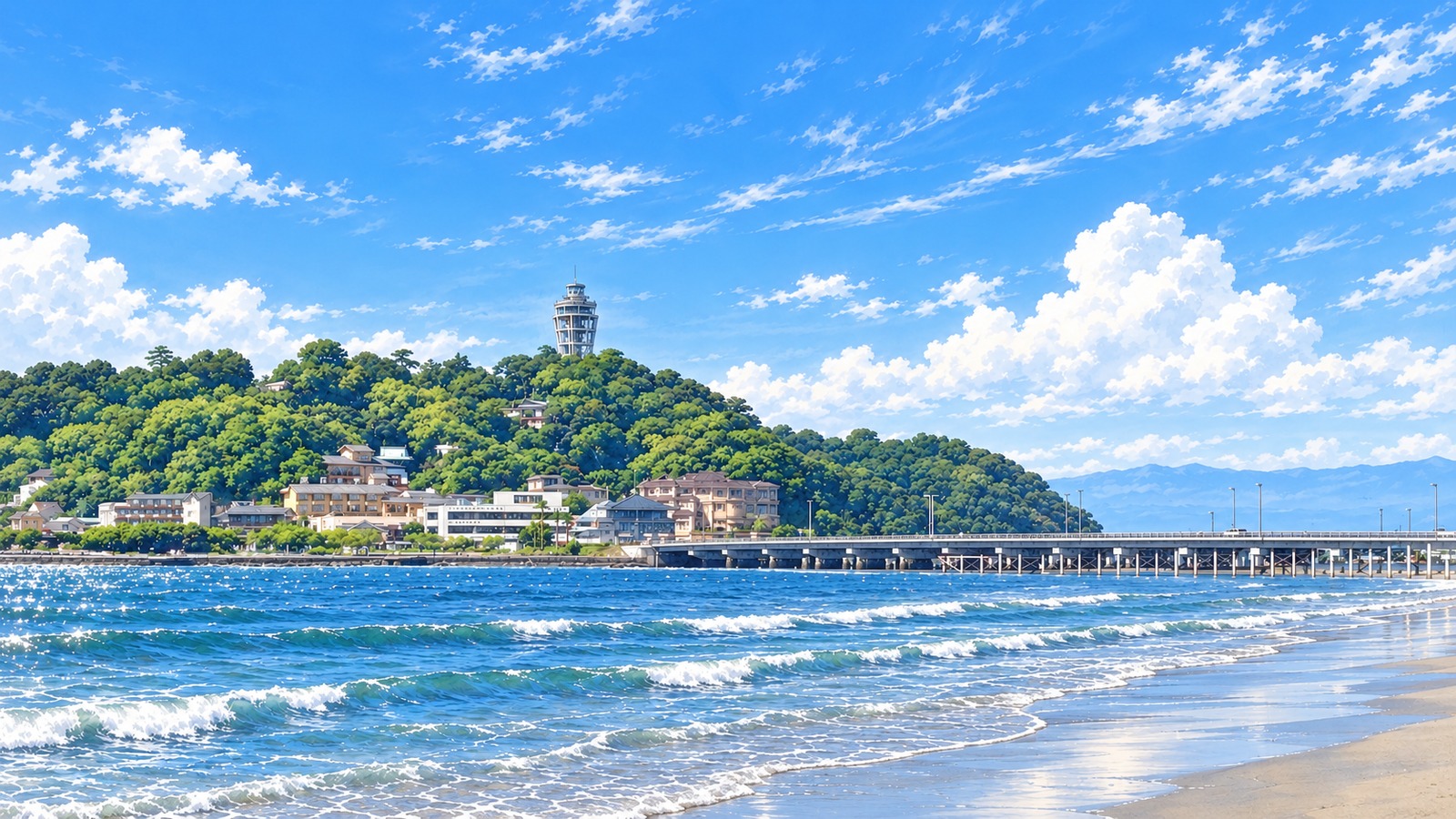Illustration looking out over the Shonan sea and Enoshima