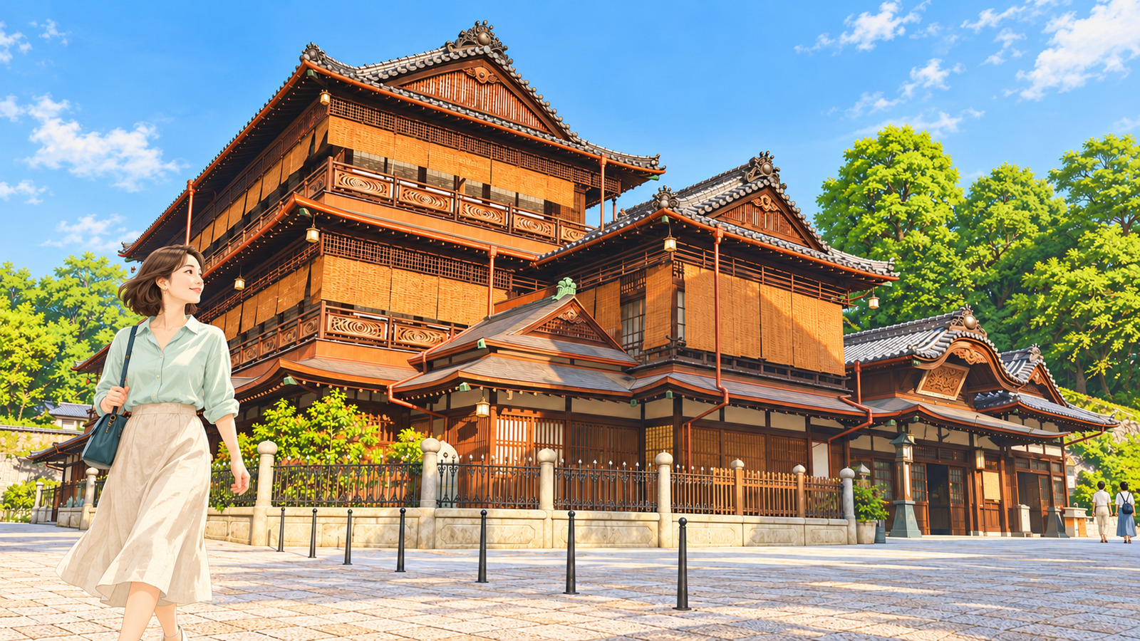 Illustration of the multi-tiered wooden roof of Dogo Onsen Honkan and a woman in the foreground