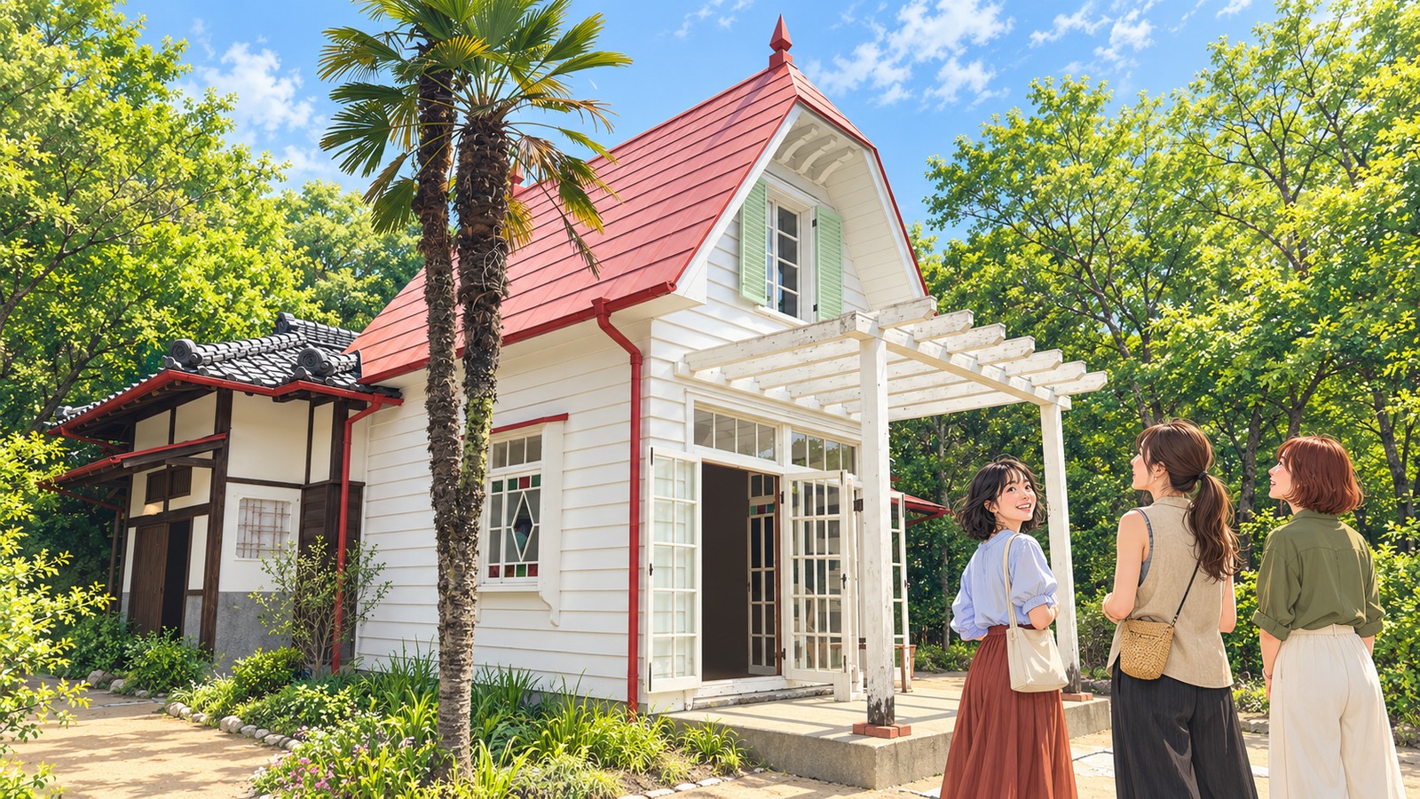 Illustration of three women looking at the red roof and white walls of Satsuki and Mei's House in Dondoko Forest