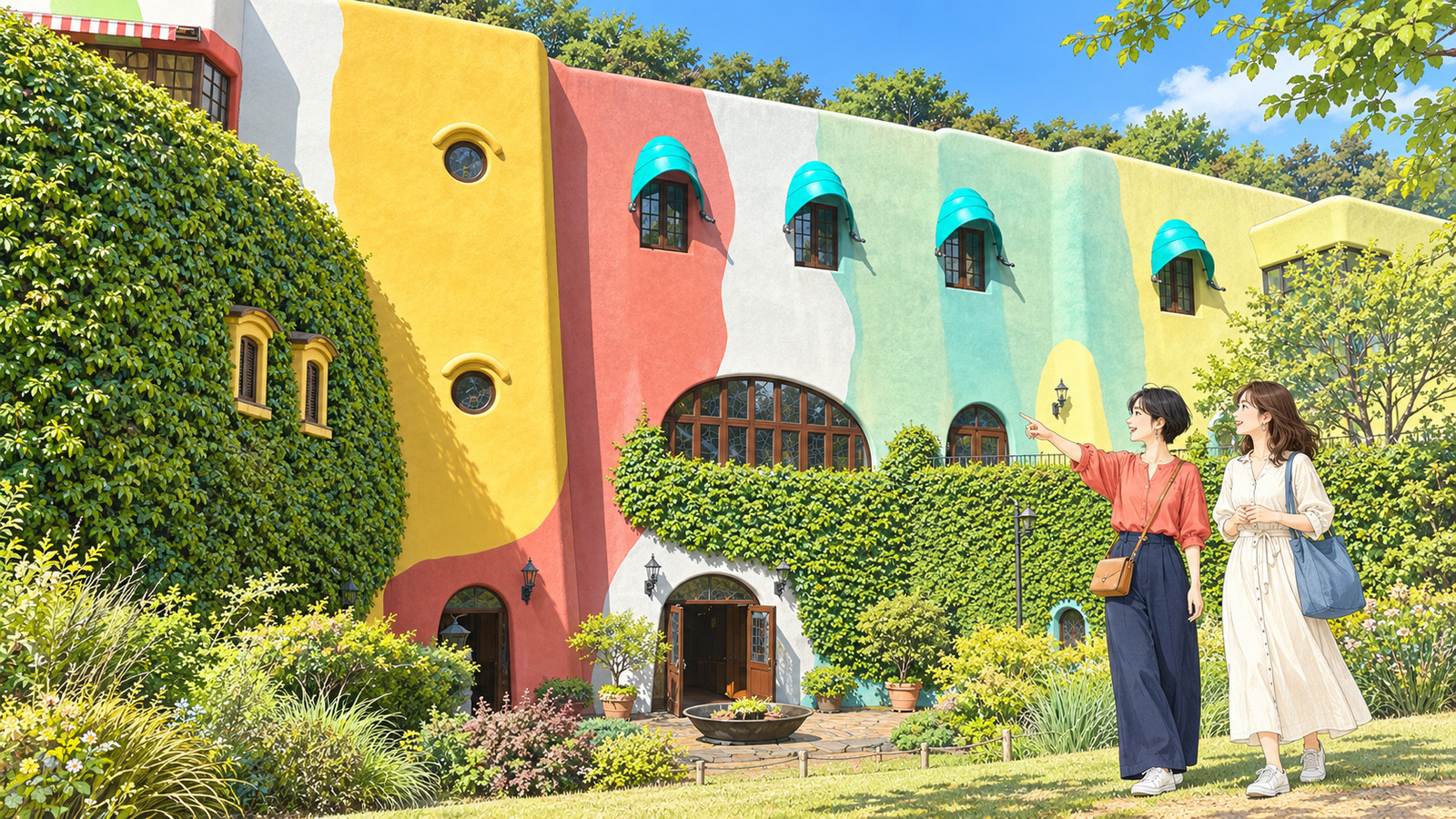 Illustration of two women visiting the colorful ivy-covered walls of Ghibli Museum, Mitaka