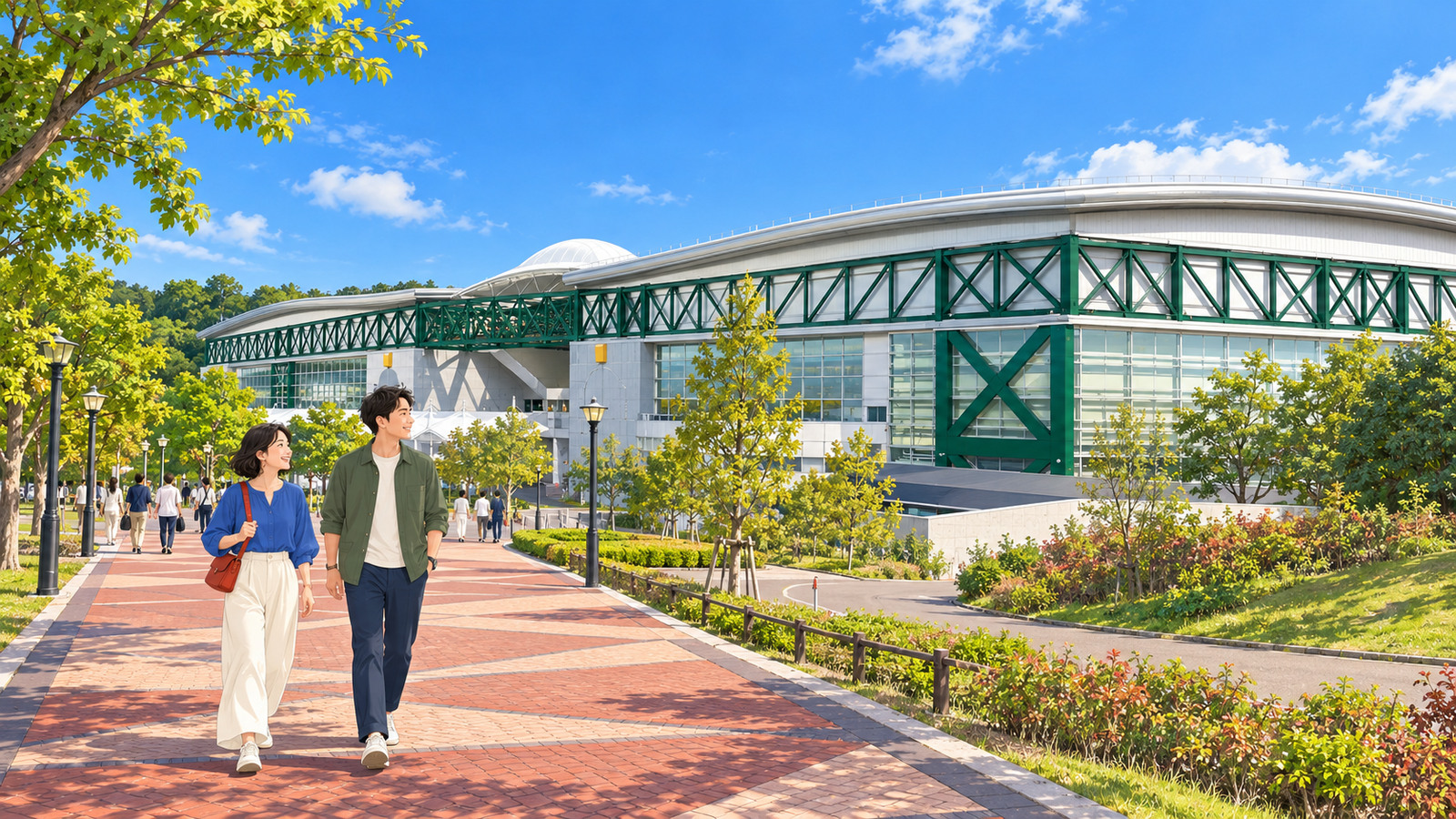 Illustration of two travelers outside Ghibli's Grand Warehouse with its curved white roof and green trusses