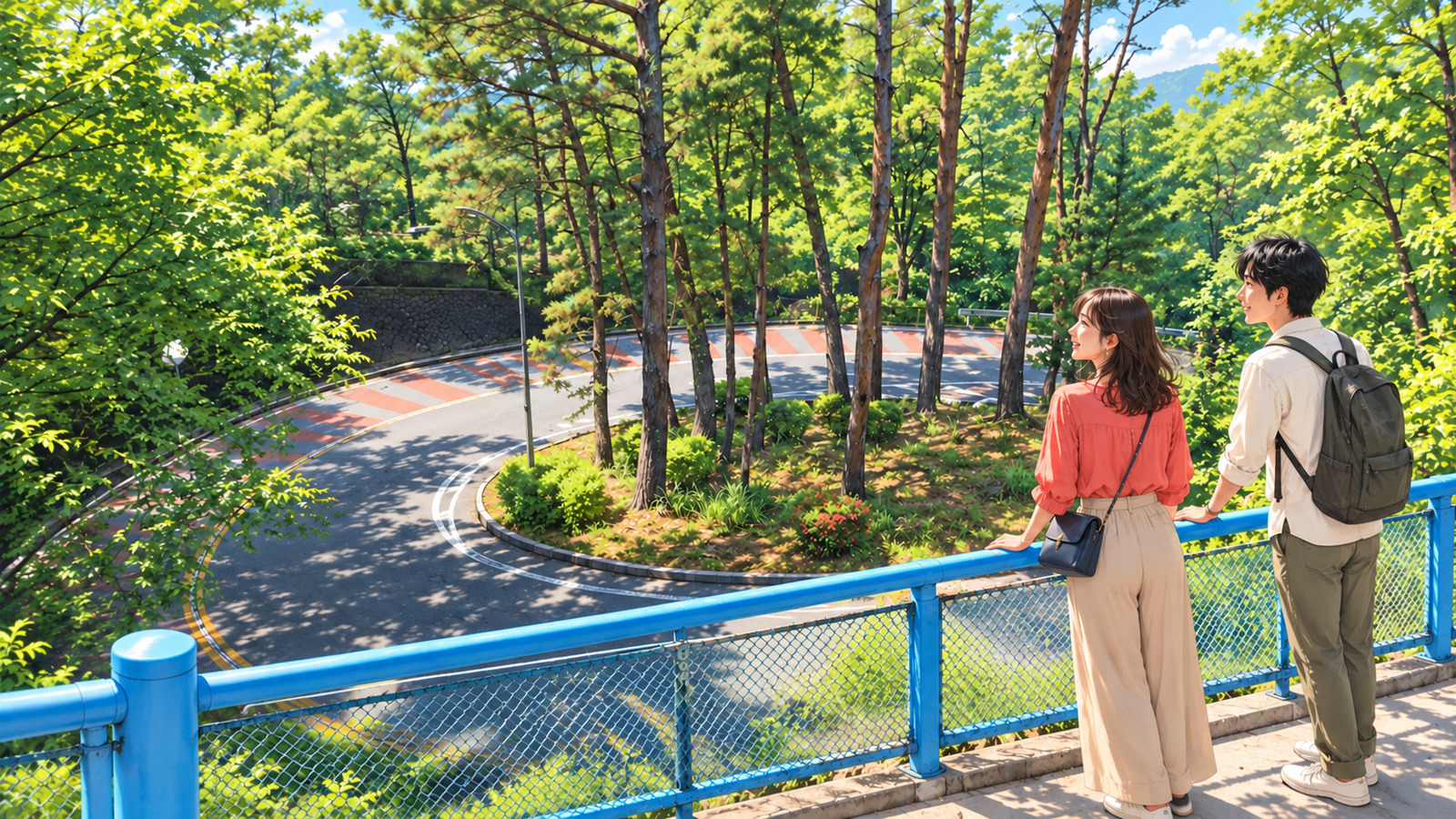 Illustration of two travelers looking out along the winding road and stone walls of Irohazaka Slope
