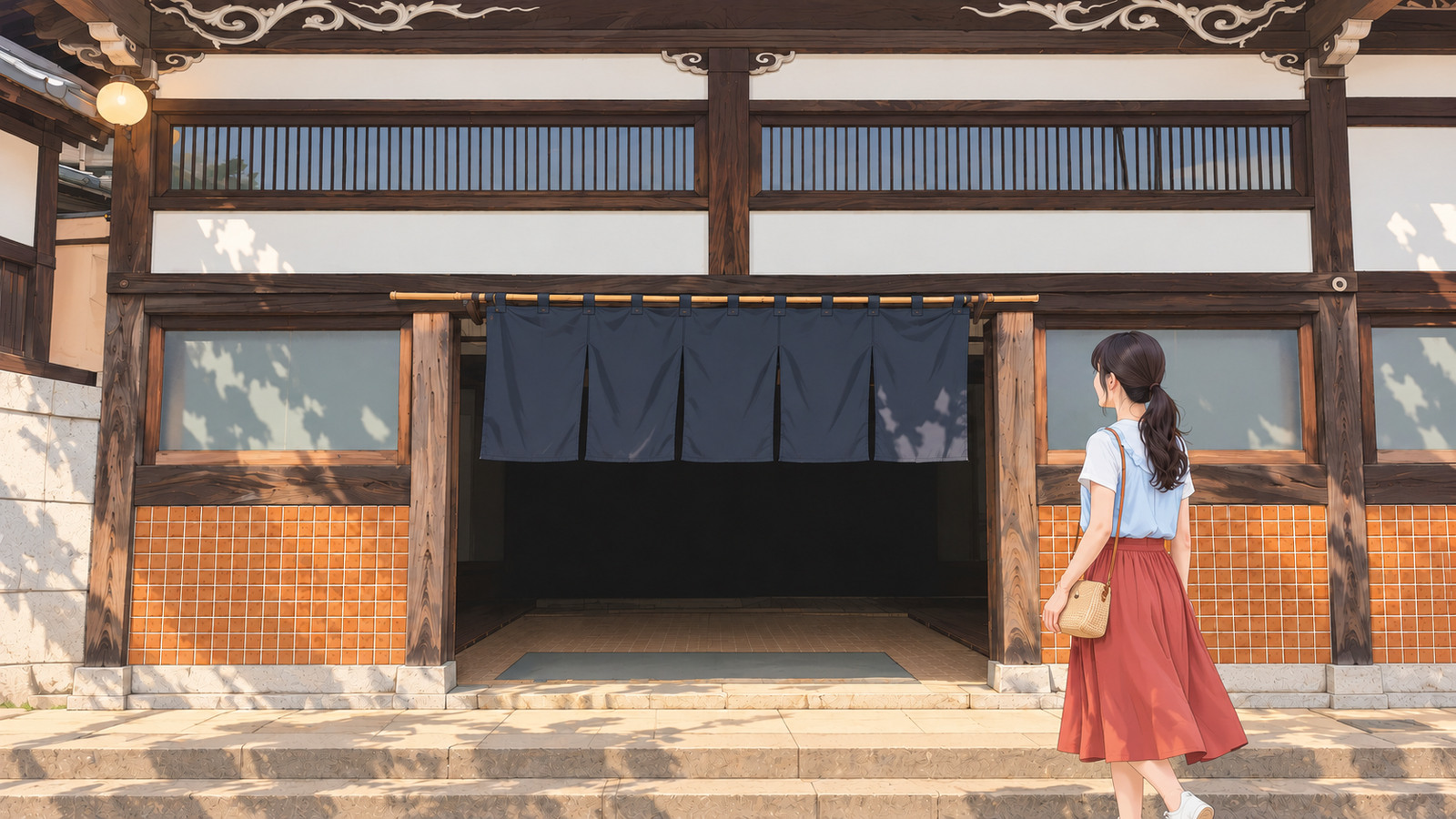 Illustration of a woman visiting the wooden lattice and carved gable entrance of Kodakara-yu at the Edo-Tokyo Open Air Architectural Museum