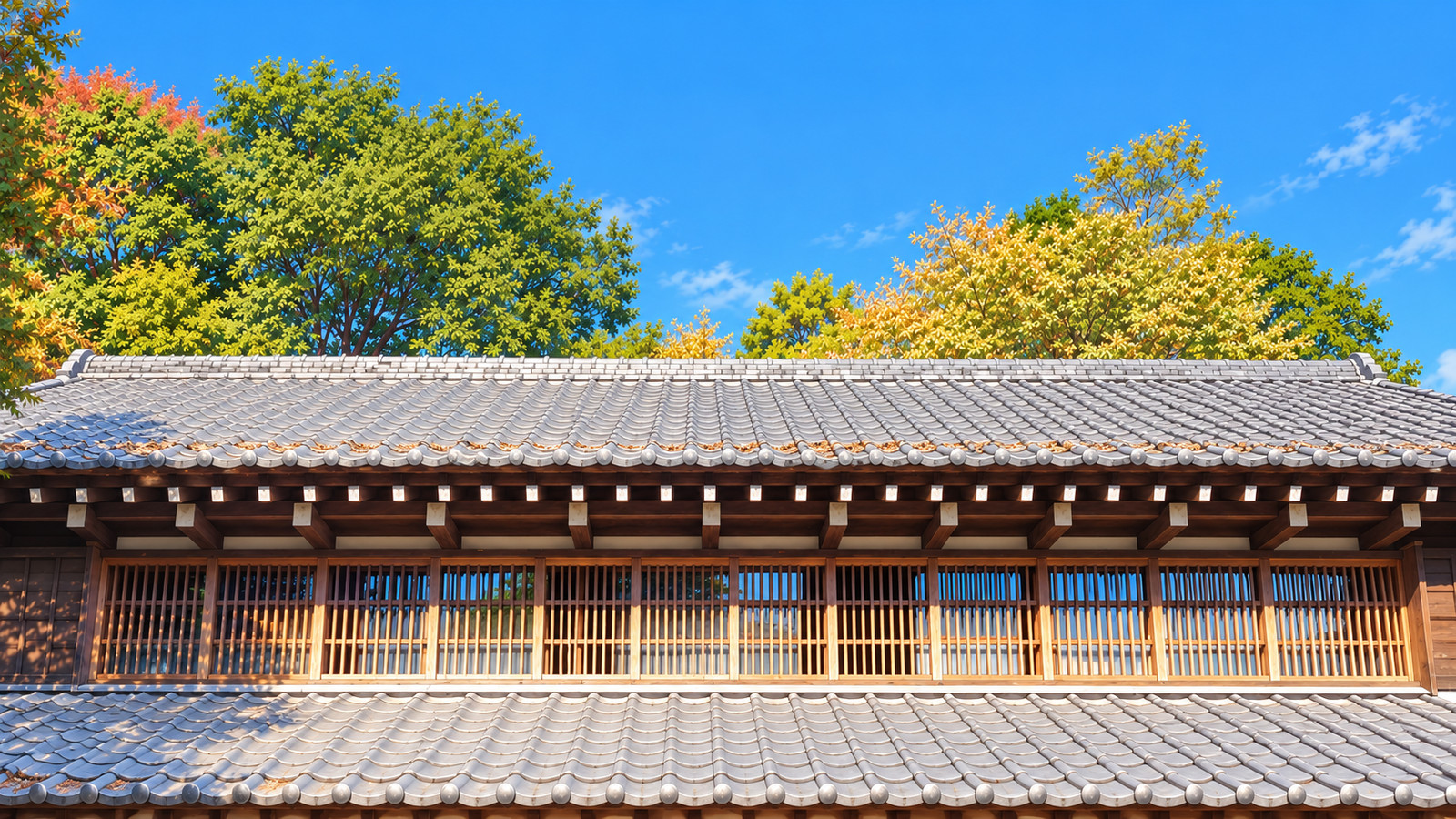 Illustration of the tiled roof, wooden lattice, and surrounding woods of Kurosuke's House