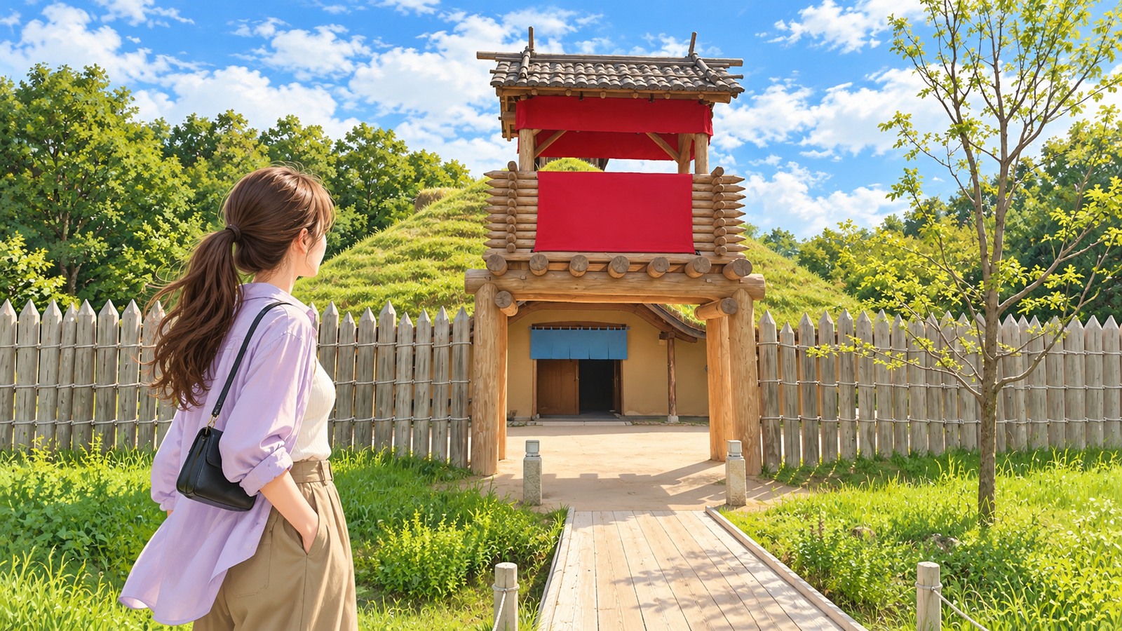 Illustration of a woman looking at the log gate, pointed palisade, and buildings of Mononoke Village