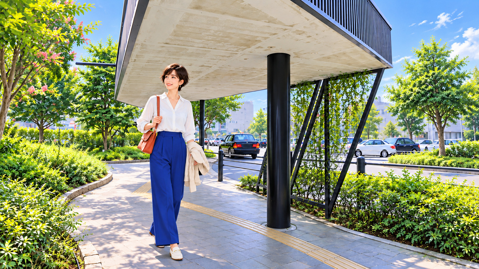 Illustration of a woman standing along the covered sidewalk outside Seiseki-Sakuragaoka Station