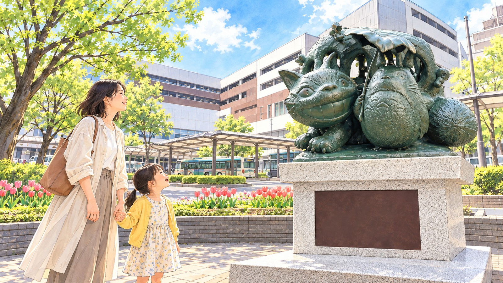 Illustration of a mother and child looking at the Totoro and Catbus monument at the East Exit of Tokorozawa Station