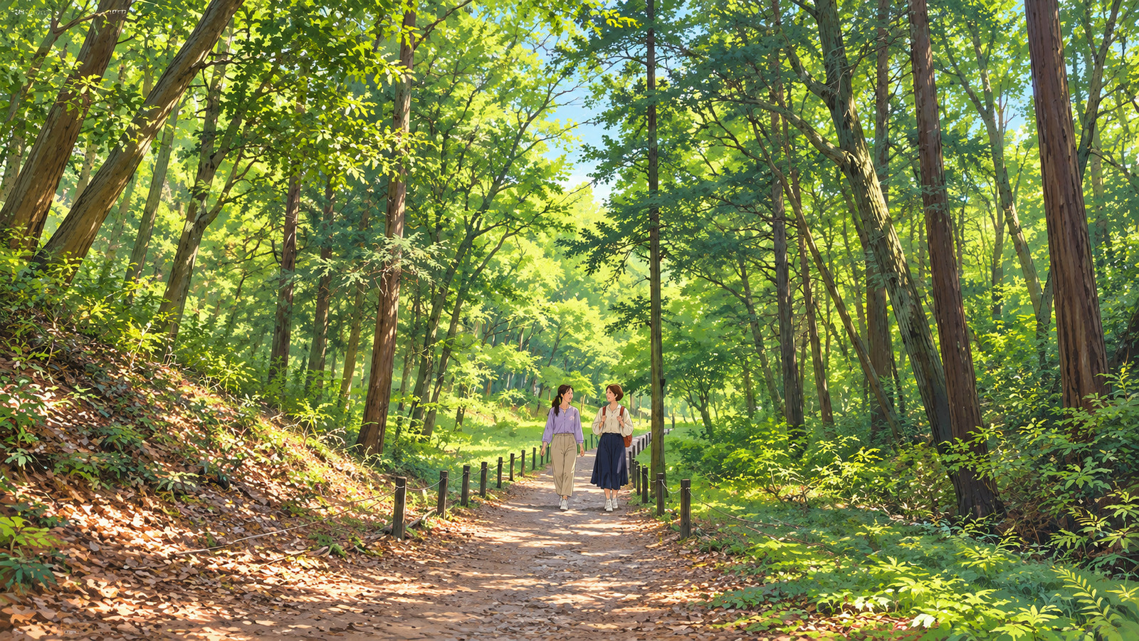 Illustration of two women walking along a dirt path lined by trees and rope fencing in Totoro's Forest
