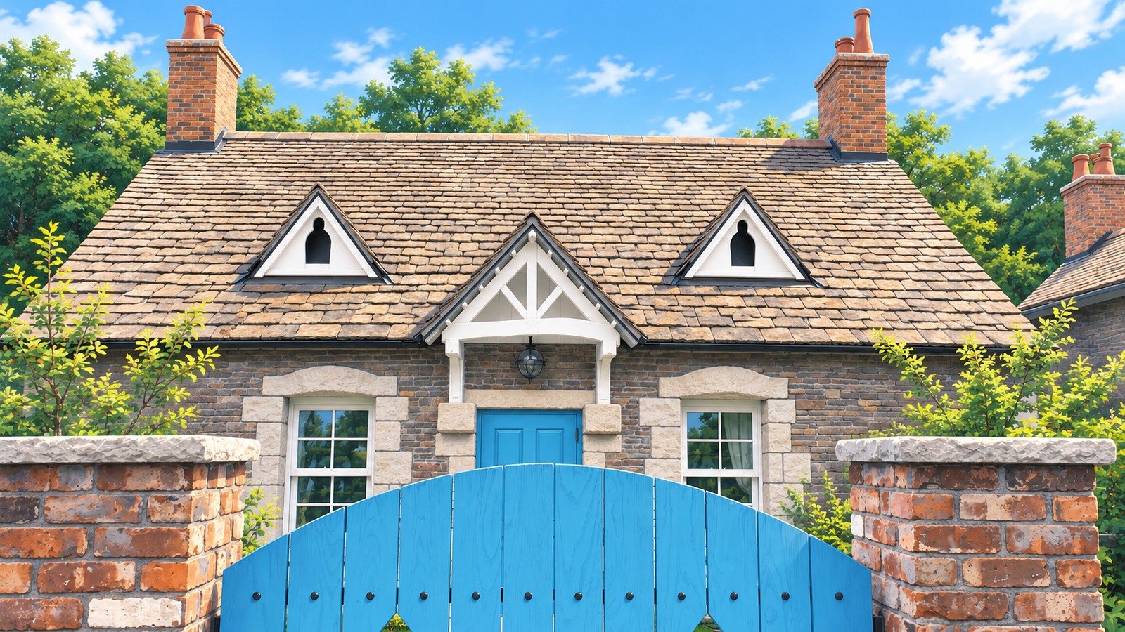 Illustration of a brick house, chimney, and blue gate in Valley of Witches