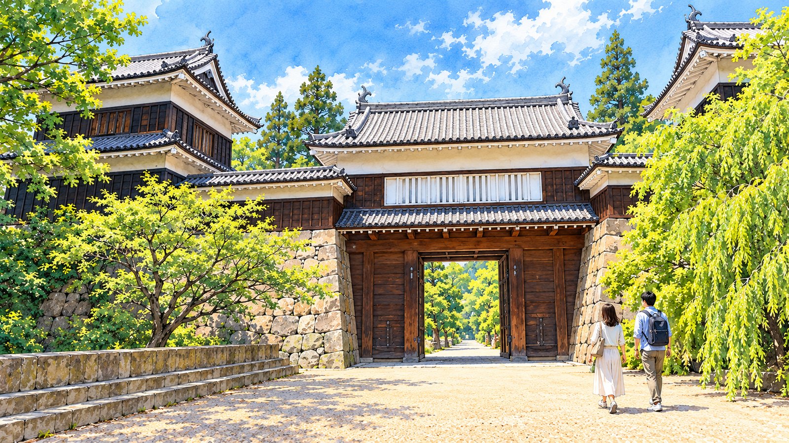 Illustration of the road leading to the Higashi-Toraguchi Yagura-mon Gate at Ueda Castle Ruins, with two travelers walking toward it.