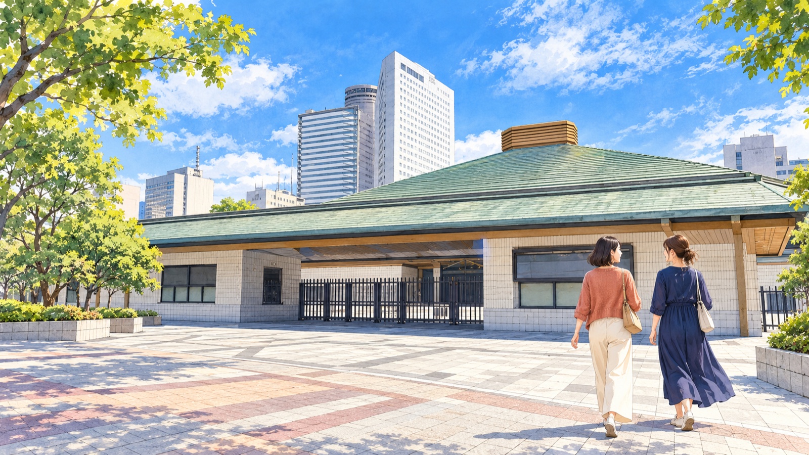 緑の大屋根を持つ両国国技館の前を訪れる二人の女性のイラスト