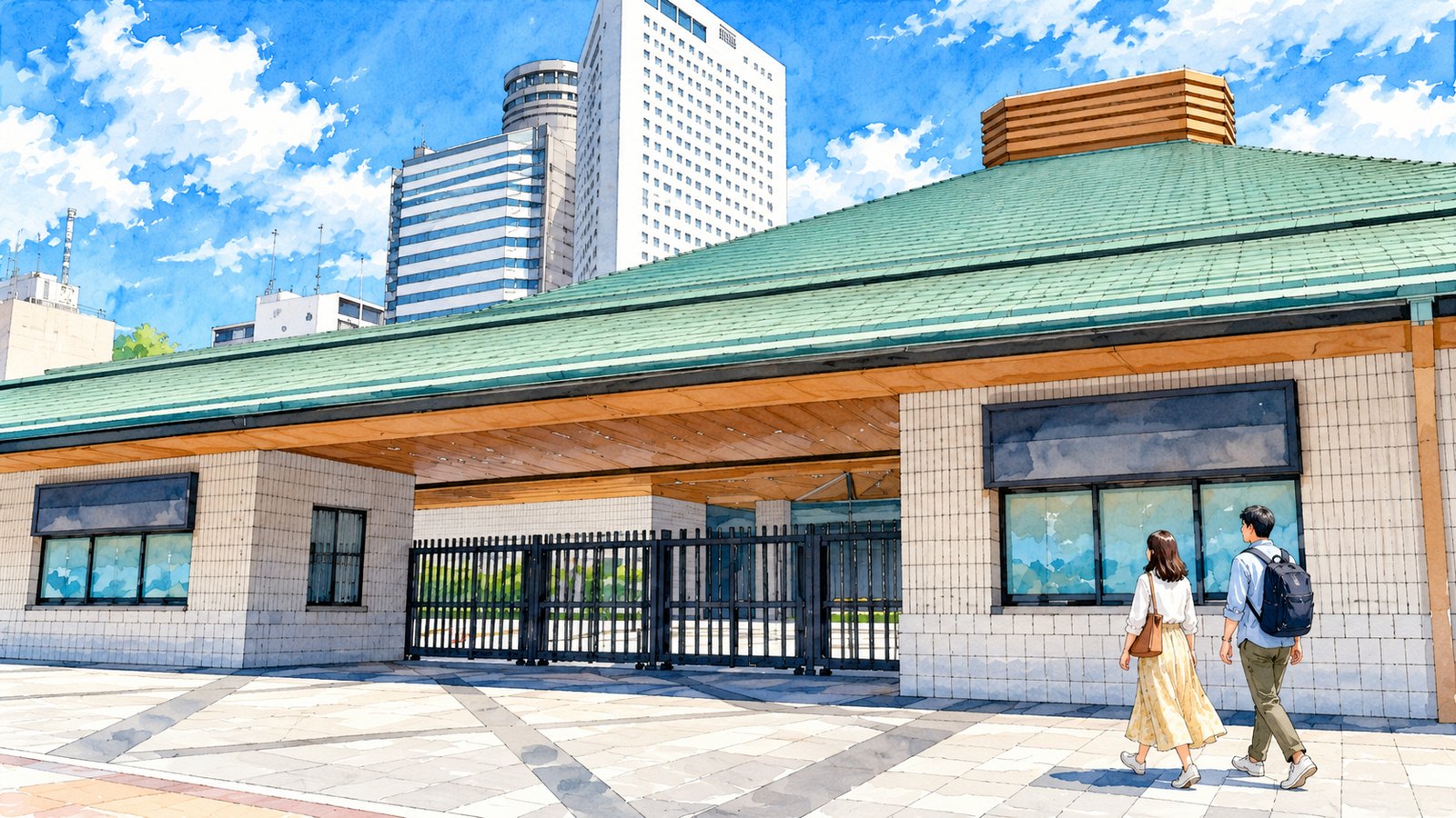 Illustration of the front of Ryogoku Kokugikan beneath its broad green roof, with two visitors walking in front.