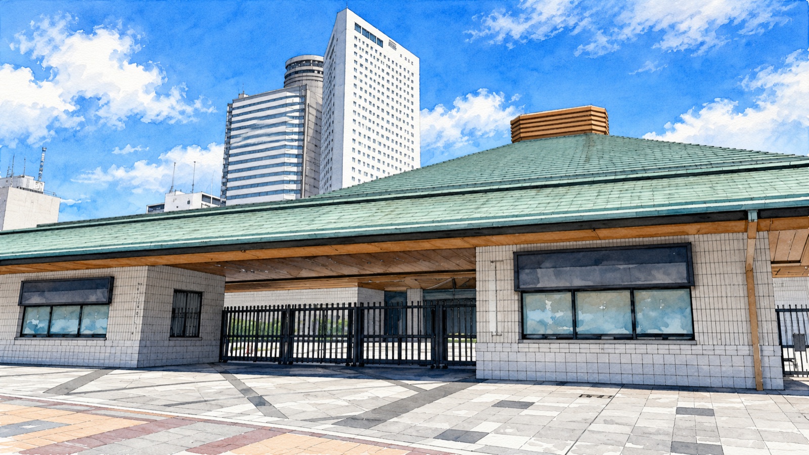 両国国技館の緑色の大屋根と入口のイラスト