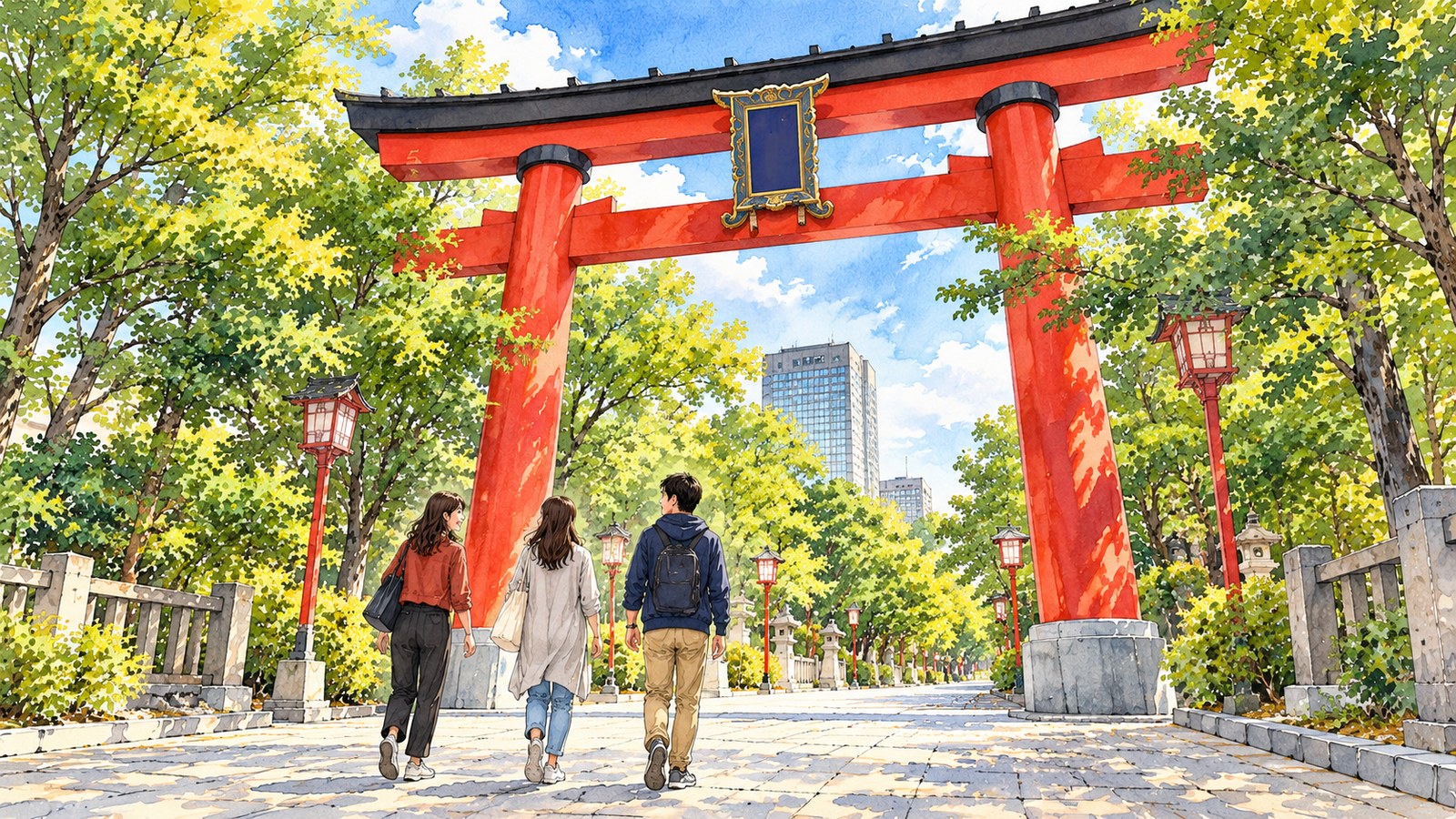 富岡八幡宮の朱色の大鳥居をくぐる三人の若者のイラスト