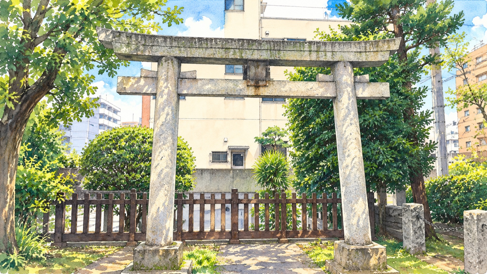 野見宿禰神社の石鳥居と境内の木々を描いたイラスト