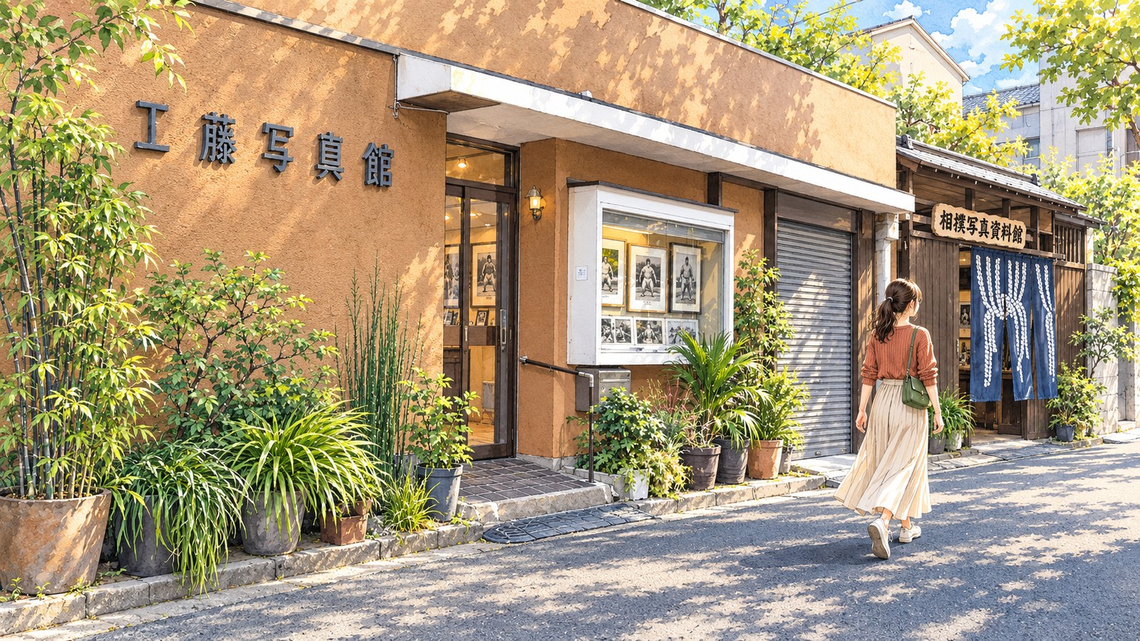 工藤写真館の茶色い外壁と、相撲写真資料館の暖簾の入口へ向かう女性のイラスト