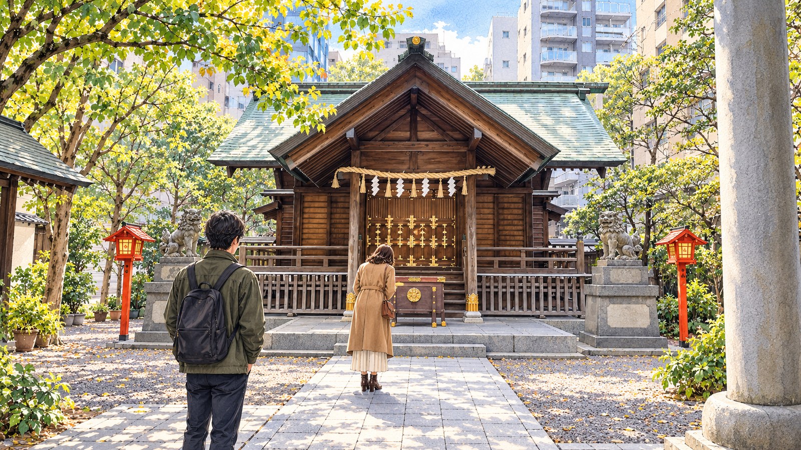石の鳥居の先に建つ蔵前神社の社殿と、参拝する二人のイラスト