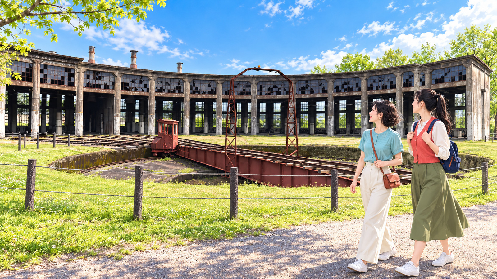 Illustration of two travelers looking at the row of windows and red turntable at Bungo-Mori Roundhouse