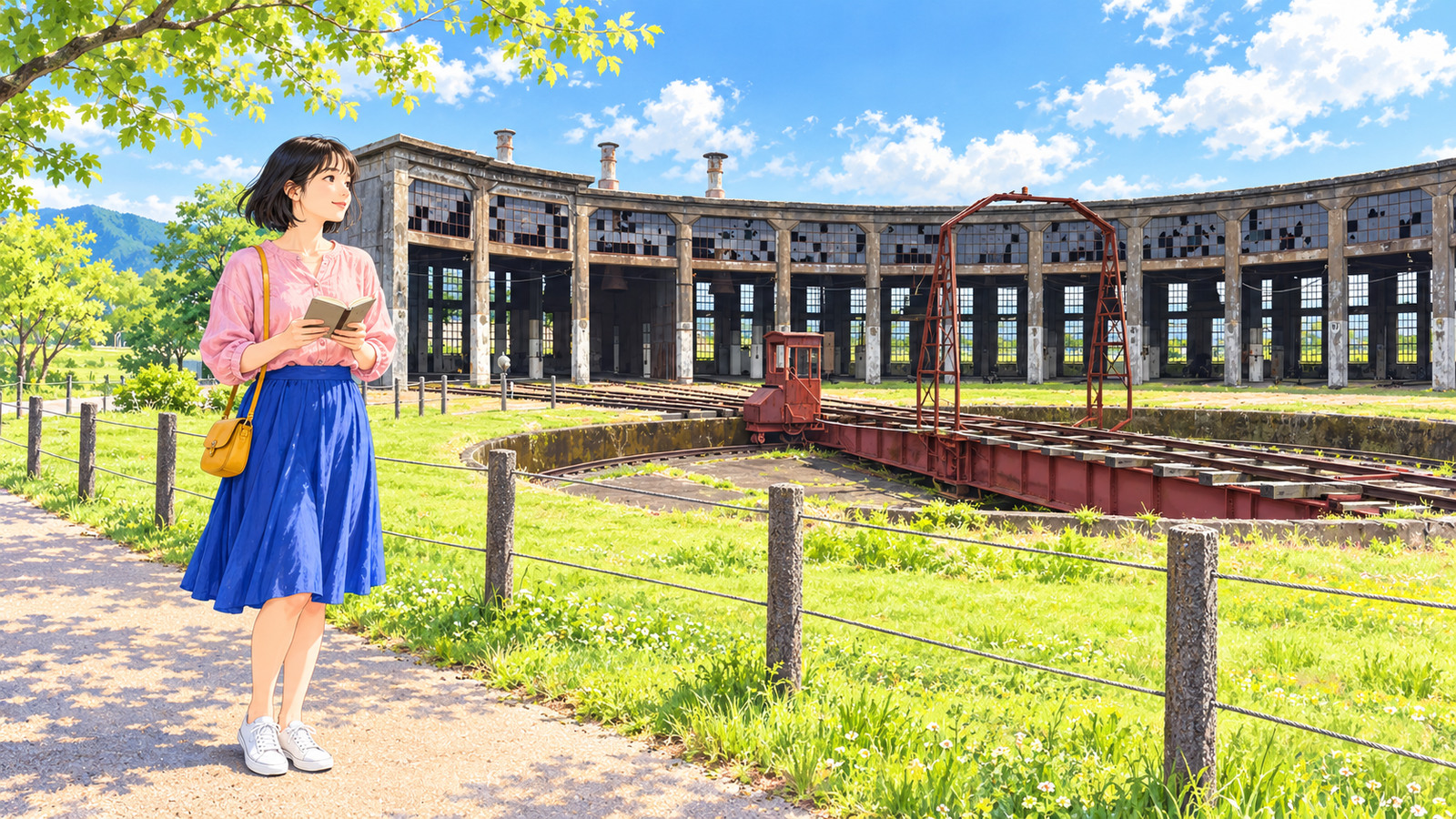 Illustration of a woman visiting the curved colonnade and turntable of Bungo-Mori Roundhouse