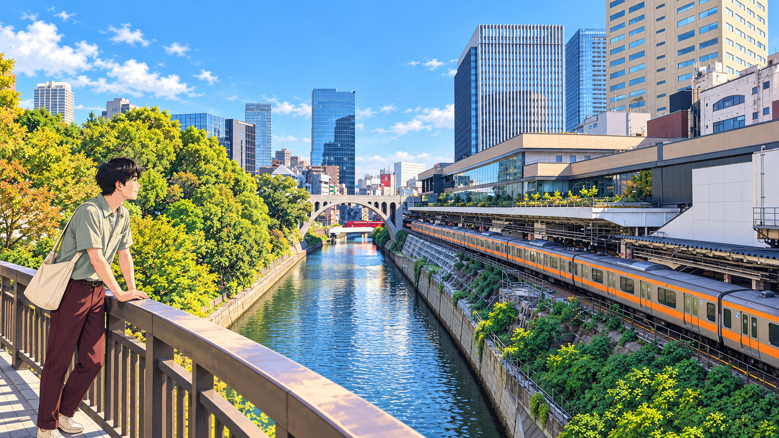 Illustration of a man looking out at the Kanda River, Hijiribashi Bridge, and passing trains at Ochanomizu