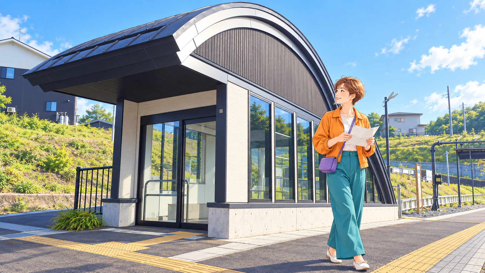 Illustration of Orikasa Station with its curved black roof and a woman holding a map