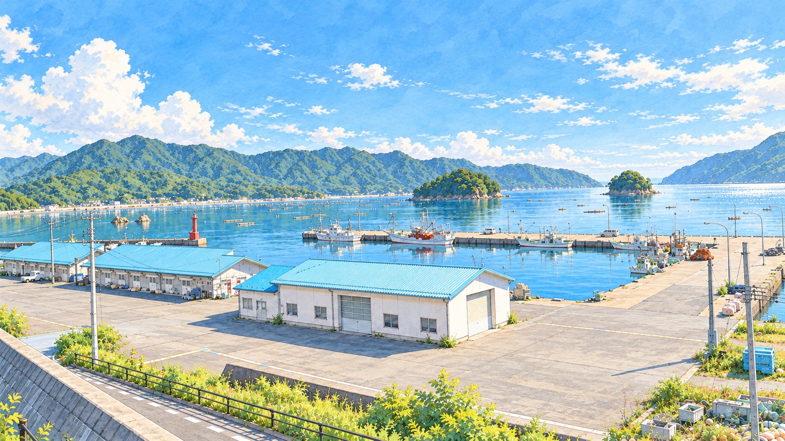 Illustration of the small island, seawall, and blue-roofed building along Yamada Bay
