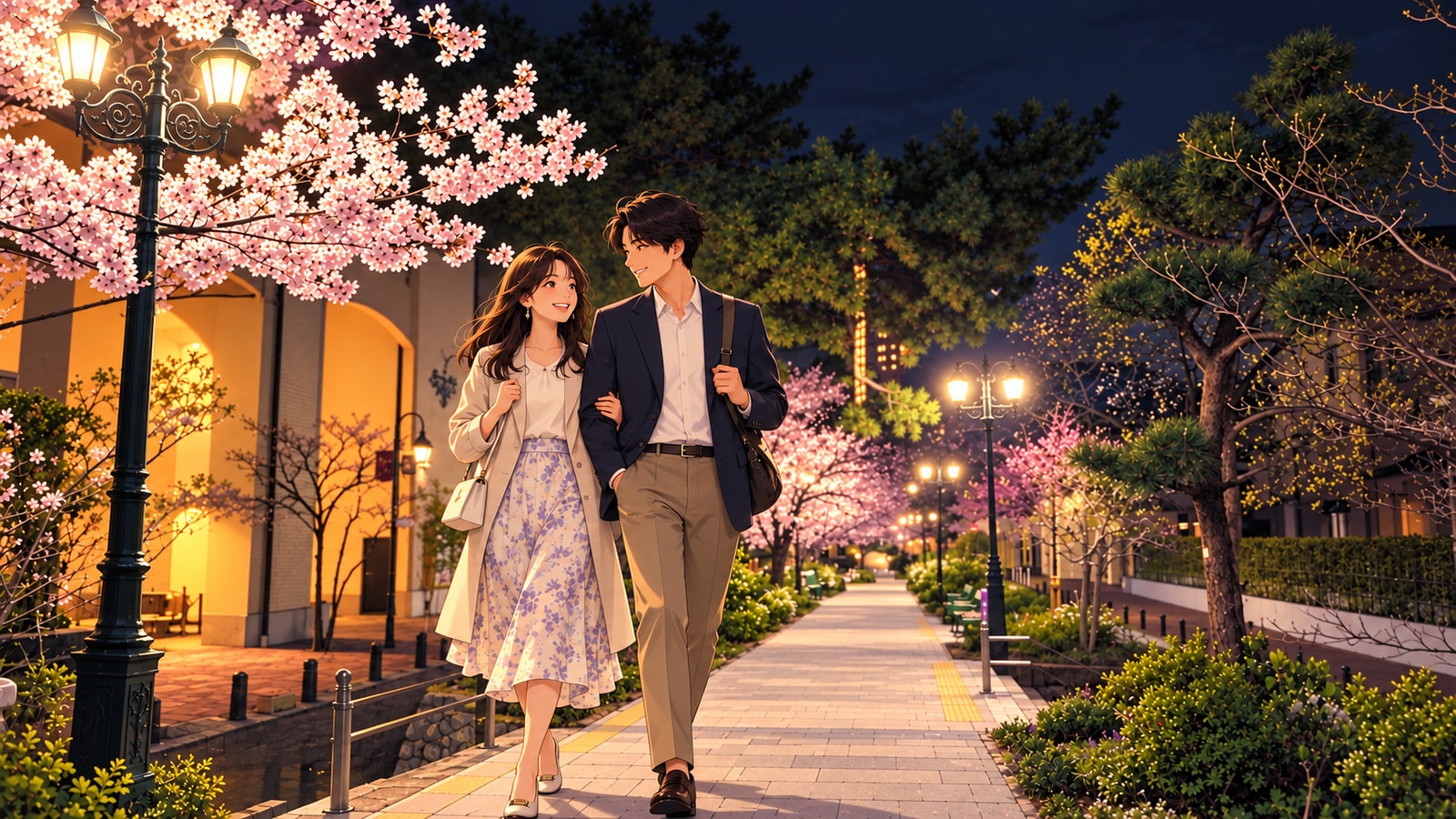 桜と街灯が並ぶ夜の花のみちを歩く二人の旅行者のイラスト