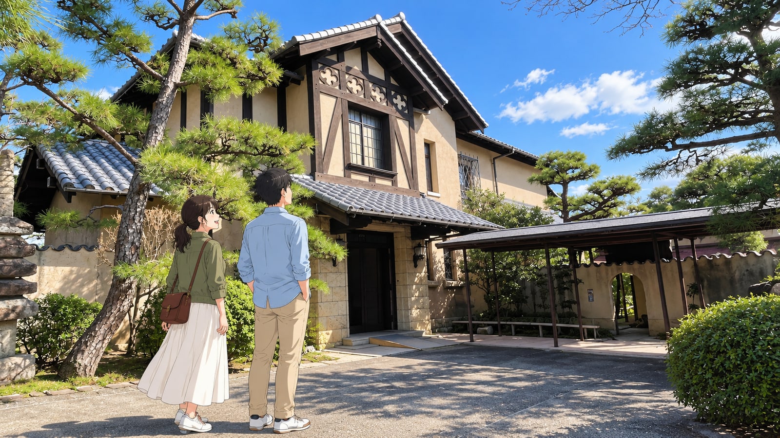 松の木と瓦屋根の玄関がある小林一三記念館を訪れる二人の旅行者のイラスト