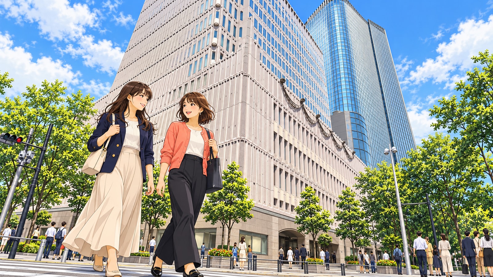 東京宝塚劇場の高い外壁と街路樹、二人の女性のイラスト
