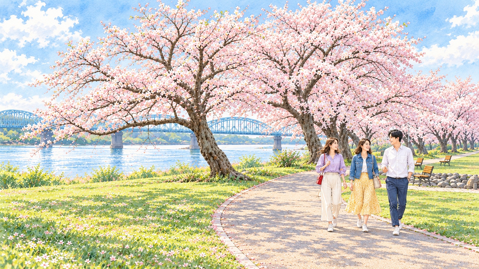 笠松みなと公園の桜並木と木曽川、青い鉄橋を眺める三人の旅行者のイラスト