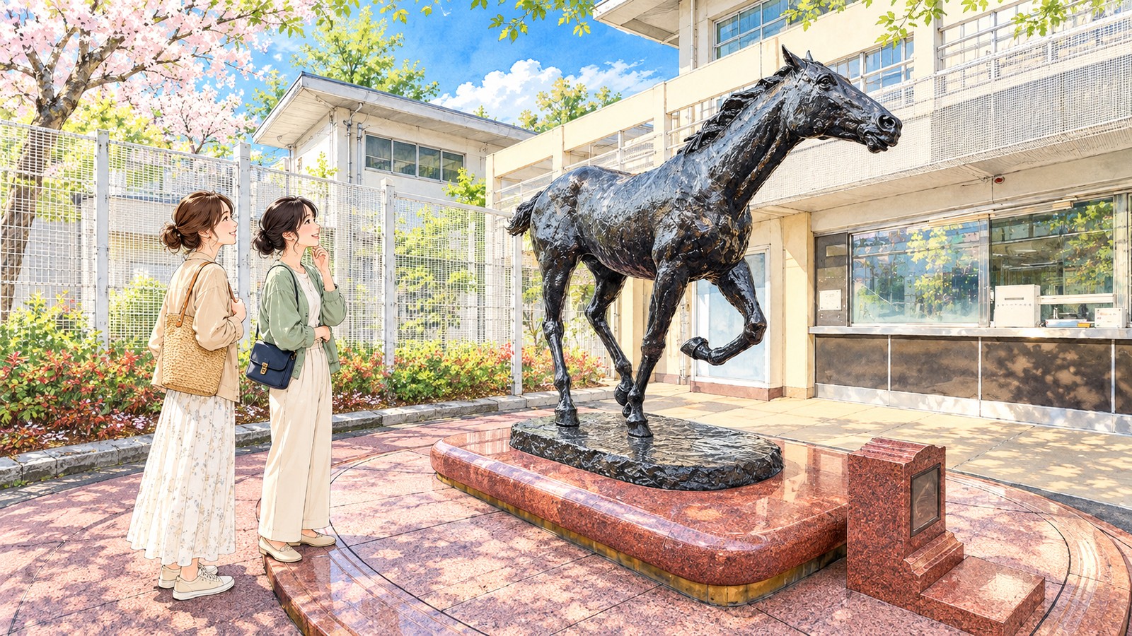 笠松競馬場の正門横に立つオグリキャップ像を眺める二人の女性のイラスト