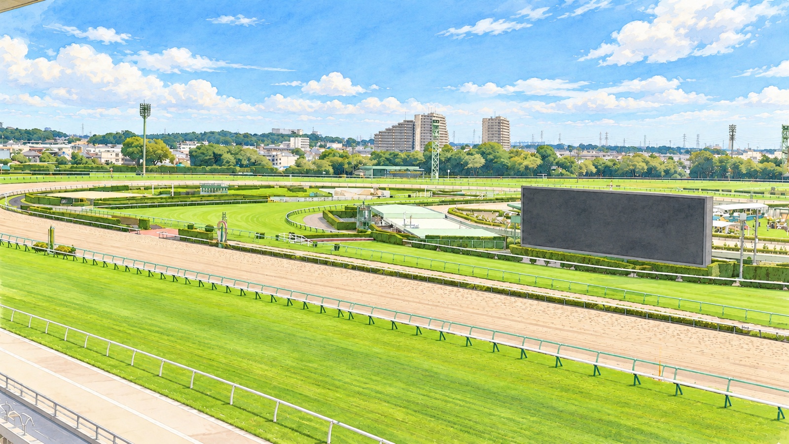 中山競馬場の芝とダートのコース、内馬場を描いたイラスト