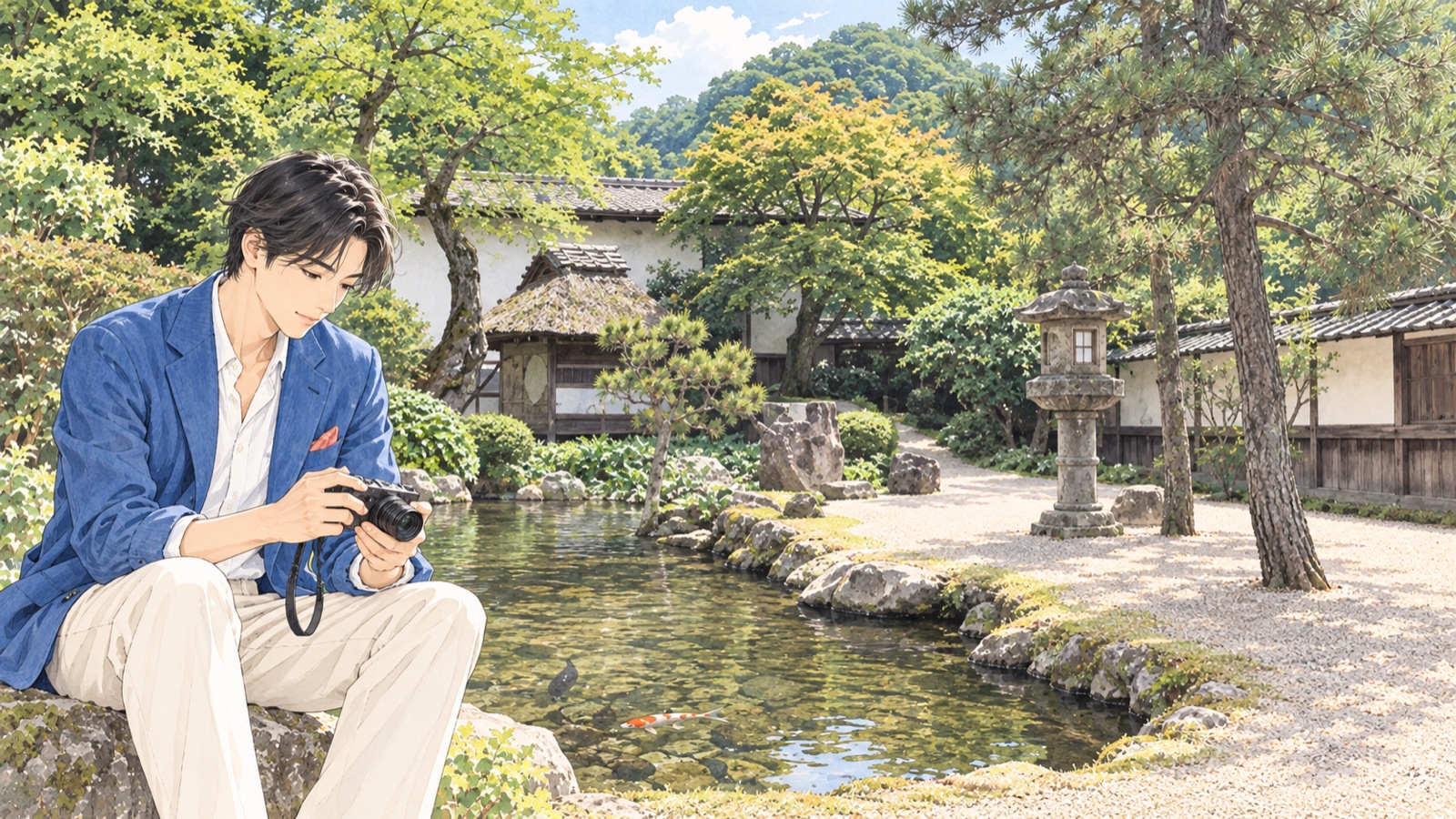 可部屋集成館の庭園でカメラを確認する男性のイラスト