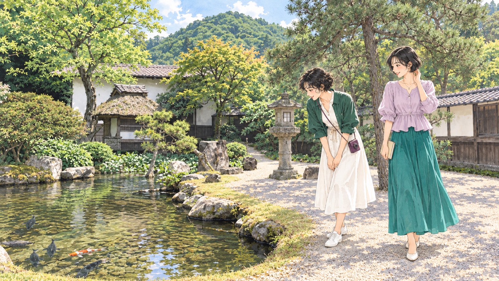 可部屋集成館の庭園を訪ねる二人の女性のイラスト