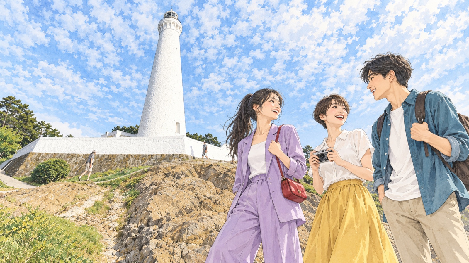 出雲日御碕灯台を訪ねる三人の男女のイラスト